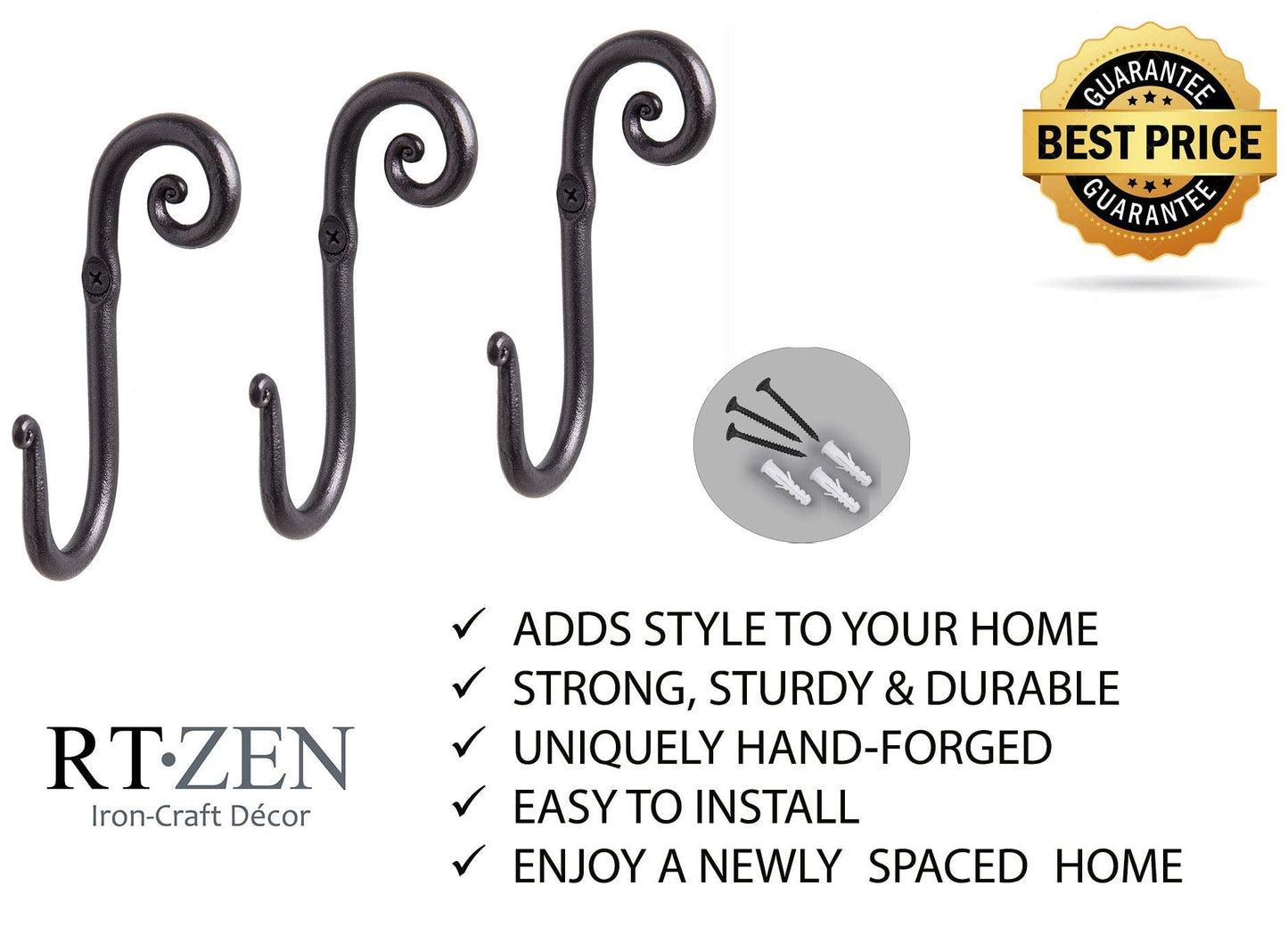 RTZEN Wall Mount Hook Set - Wrought Iron Decorative Rustic Metal Coat Hooks for Hanging - Handcrafted Classic Farmhouse Wall Mounted Black Hooks for Towel Robe or Hat Hanging - 3 Pack