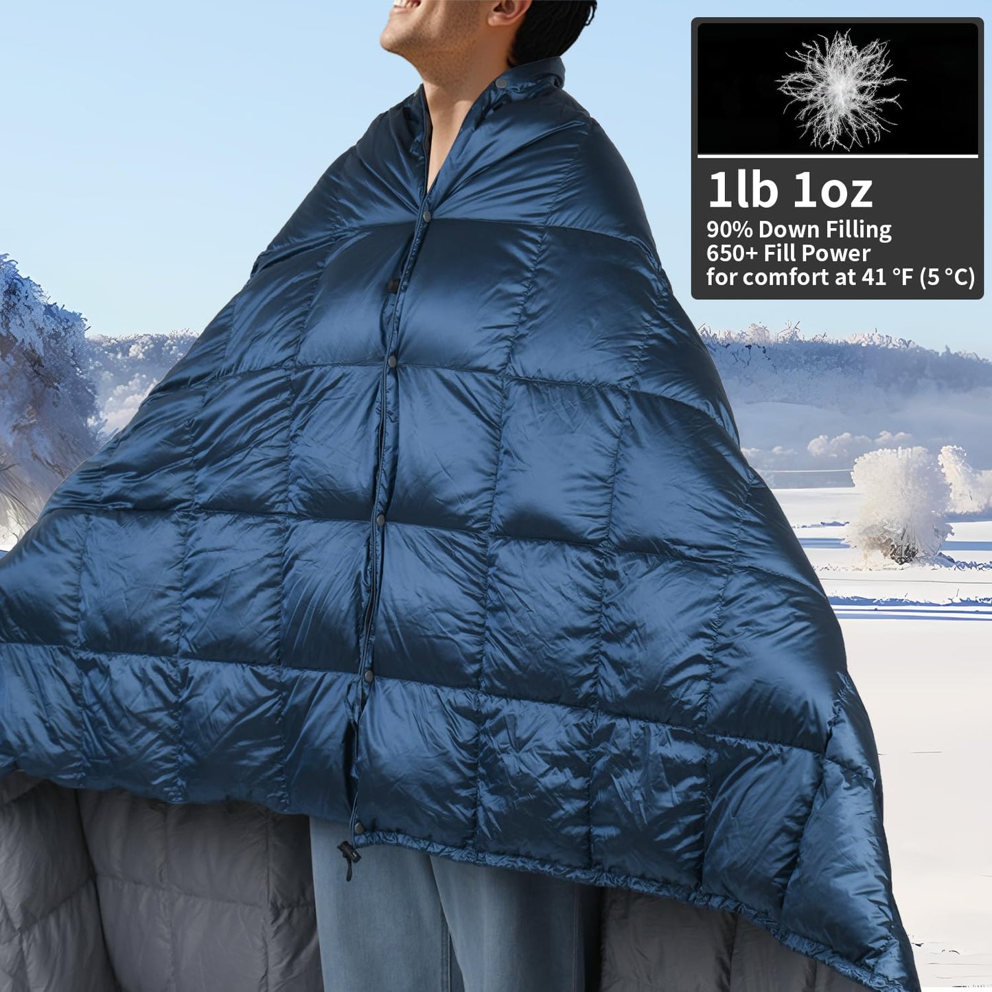 ROSE FEATHER Down Camping Blanket, Lightweight Outdoor Travel Blanket, Puffy Sleeping Bag Blanket, Waterproof Packable Backpacking Quilt for Camping,Travel, Airplane,Hiking,Picnic, 55''x79'' (Blue)