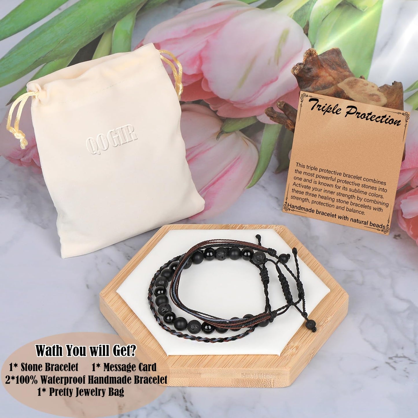 QOGIR Handmade Healing Bracelets,8mm Natural Black Onyx Black Lava Beaded Bracelet,for Men Women Gifts with 2PCS Size Adjustable Rope Bracelets