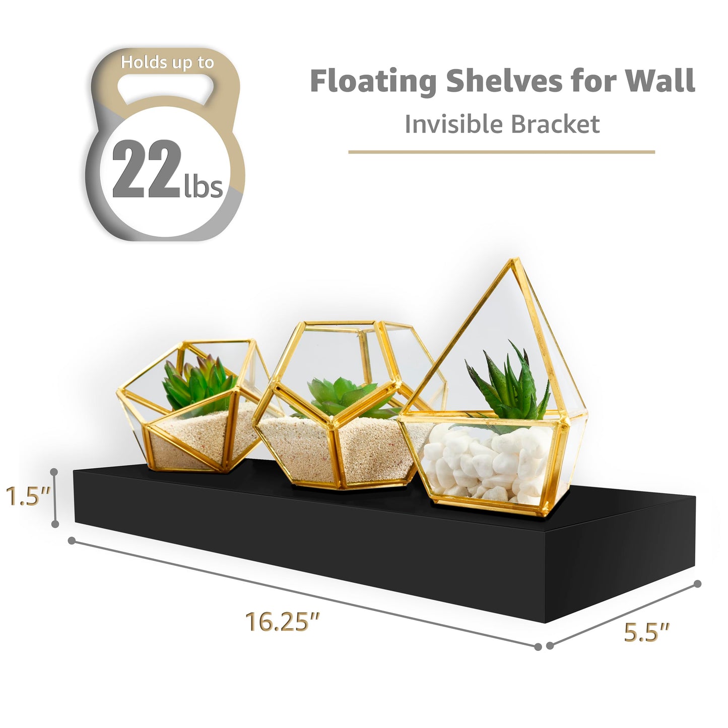 Sorbus Floating Shelves for Wall – 16 Inch Floating Shelf for Kitchen, Bedroom, Living Room, Bathroom, Home & Wall Decor - Mounted Bathroom Shelves with Invisible Brackets (Black, 2 Pack)