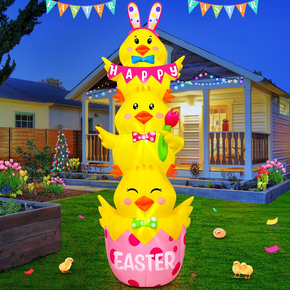 7.1FT Easter Inflatable Outdoor Decoration Inflatable Three Chicks, Built in LED Lights Blow Up Yard Decoration for Lawn Garden Holiday Party