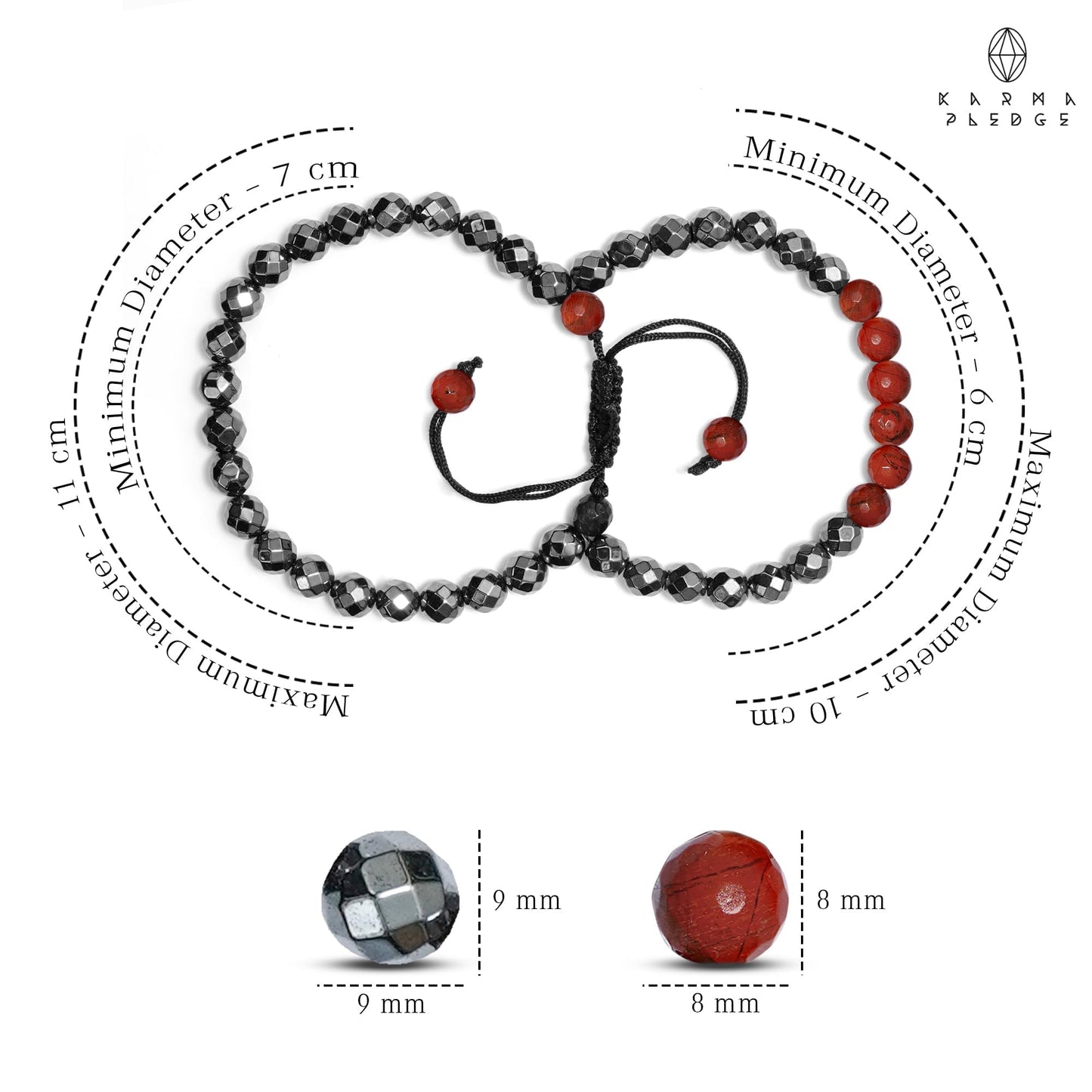 Crystal Bracelet, Hematite & Red Jasper Chakra Healing Crystal Bracelets for Men & Women, Spiritual, Positive Energy & Balance, Handmade 8mm Crystal Beads Adjustable Bracelets by Karma Pledge
