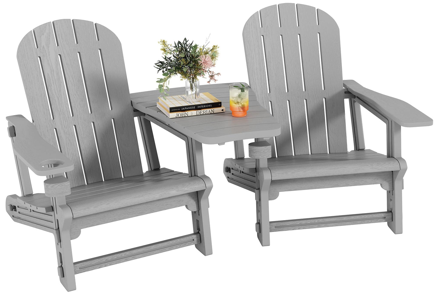 Shintenchi Adirondack Chairs Set of 2,HDPE Adirondack Chairs w/Removable Tablelop & Umbrella Hole,All-Weather Wooden Textured Plastic Outdoor Chairs w/Cup Holders for Garden Backyard Pool,Light Gray