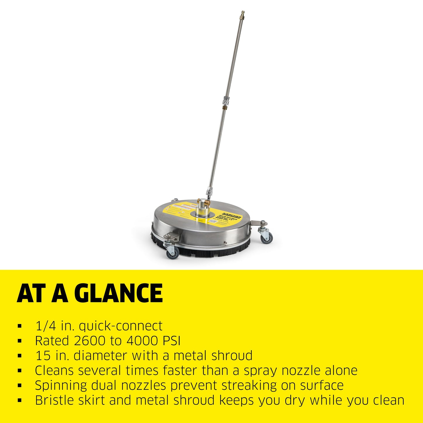 Kärcher Pressure Washer Surface Cleaner 15", 3 Wheels, Stainless Steel, Quick Connect, 4000 PSI, Ideal for Driveways, Patios, Decks, Sidewalks