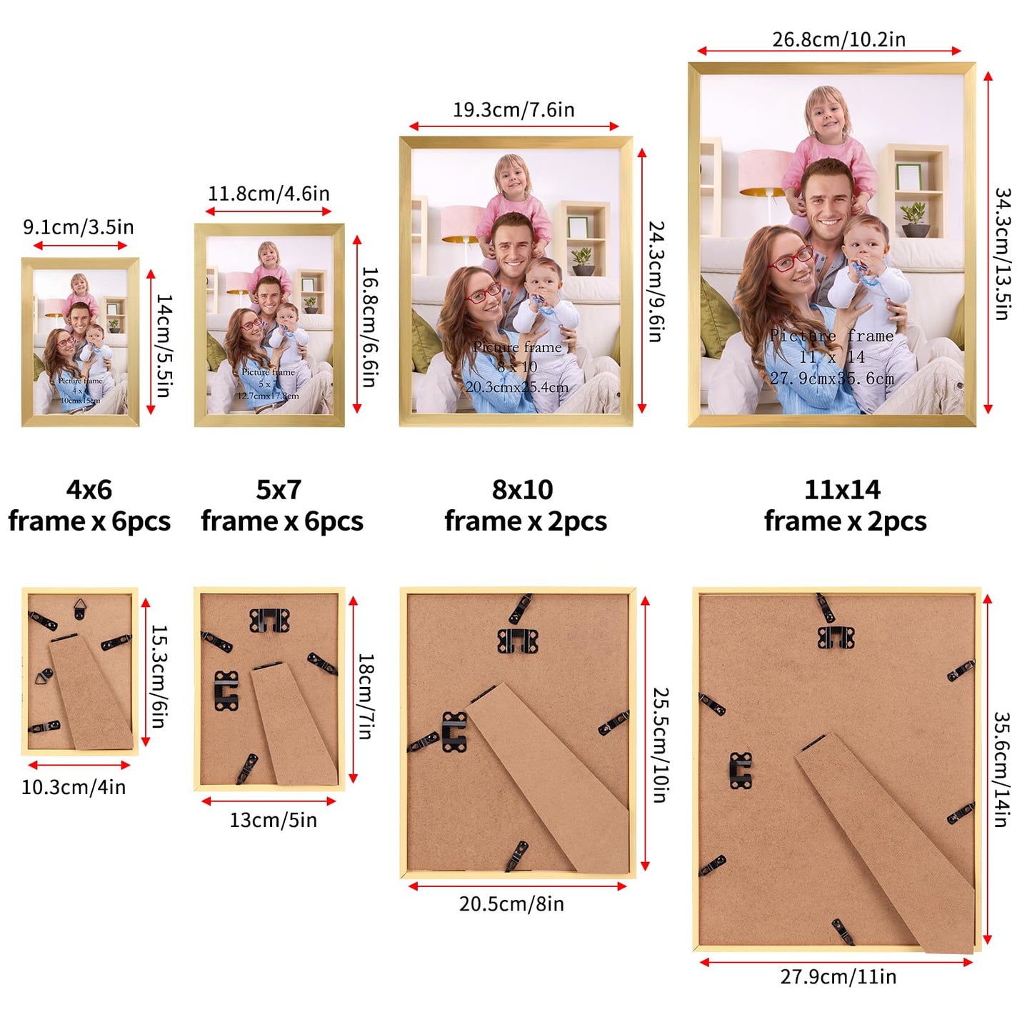 Giftgarden 16 Pack Gold Picture Frames for Multi Sizes Photos, Assorted Set Including Two 11x14, Two 8x10, Six 5x7, Six 4x6, Gallery Collage Frame for Wall or Tabletop Display