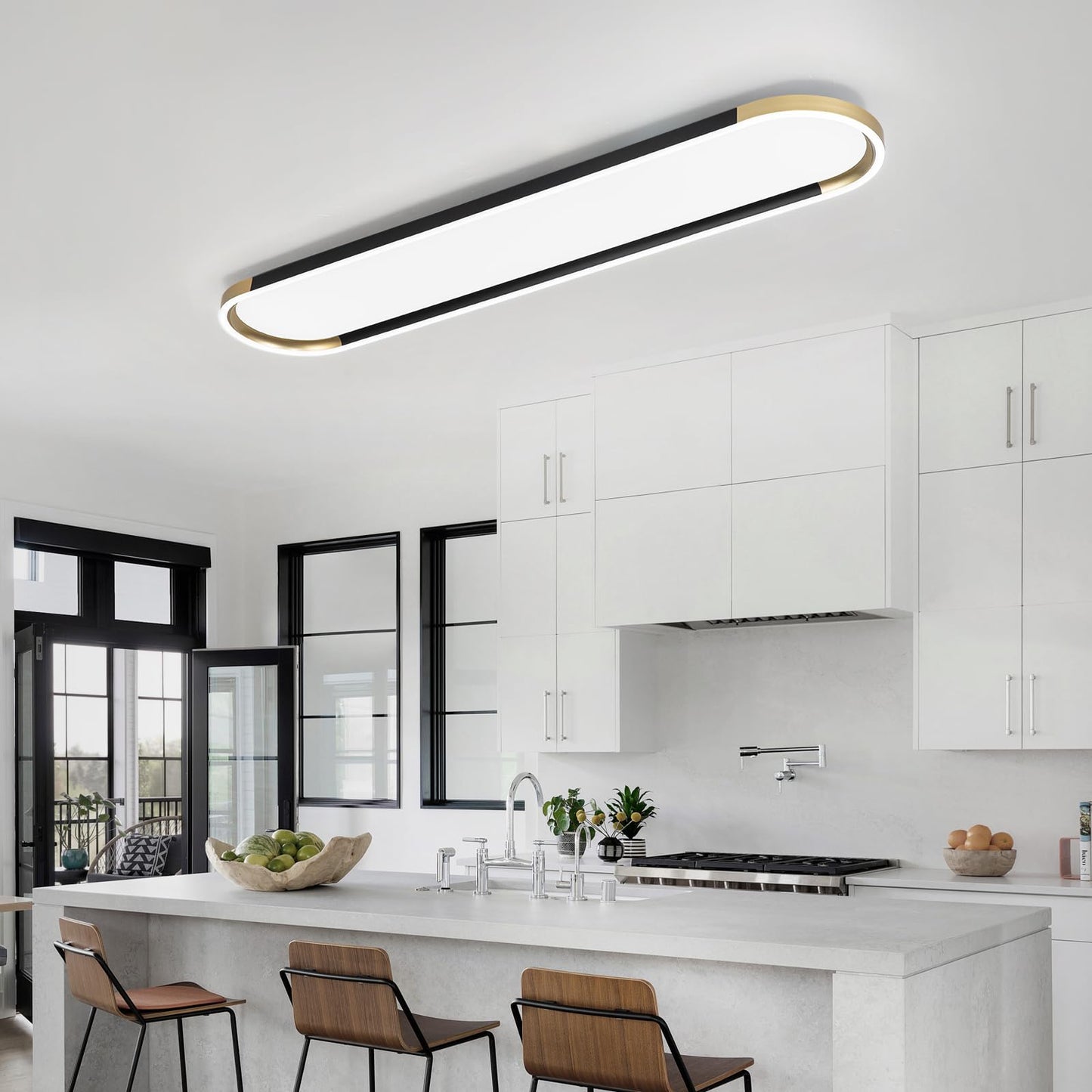 ADISUN Modern LED Ceiling Light Dimmable Linear Ceiling Light 39.4in Semi Flush Mount Long Lights with Remote Control and Down Lighting for Living Room Kitchen Dining Room Black & Gold