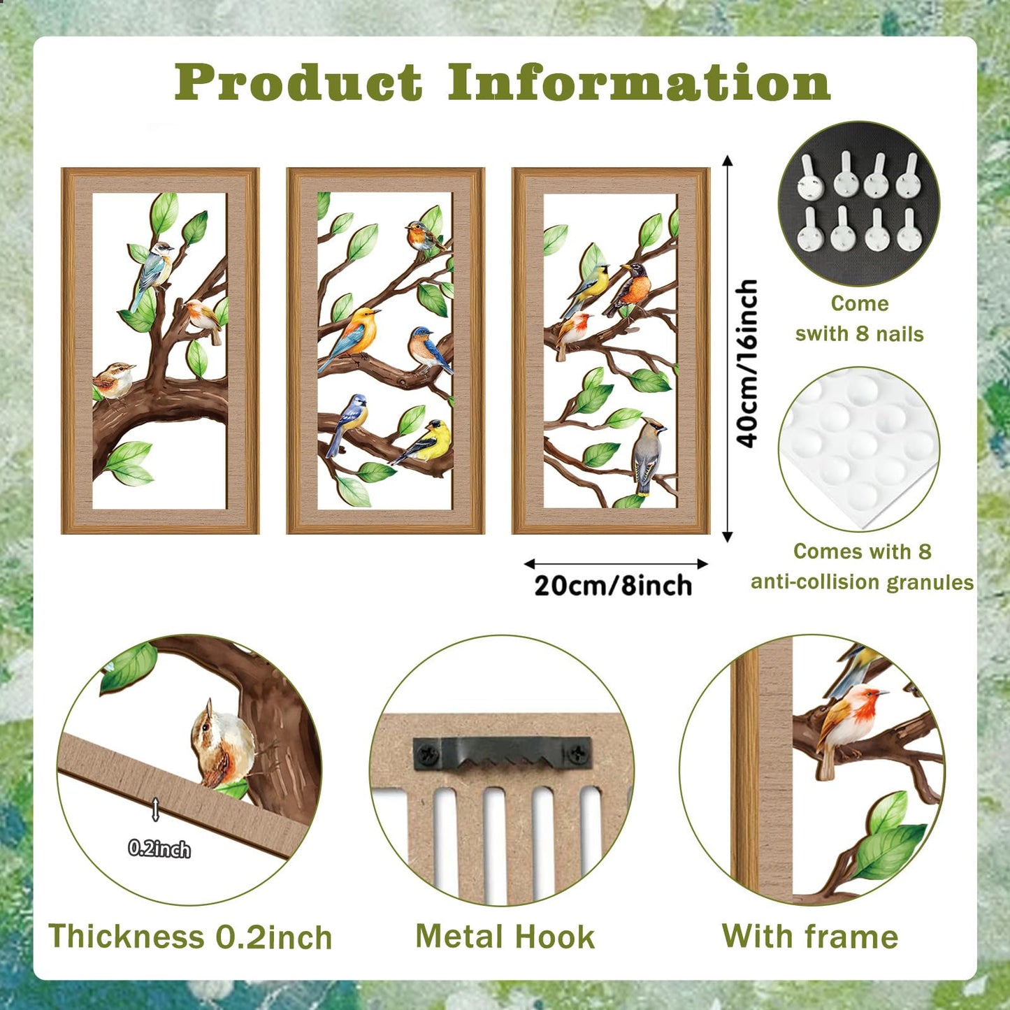 Ausril 3 Pcs Birds Tree Branch Wall Decor,Nature Tree of Life Wall Art,Green Leaves with Bird Wall Art,Branch Birds Silhouette Sculpture,Spring Tree Sign Wood Framed for Home Living Room Bedroom