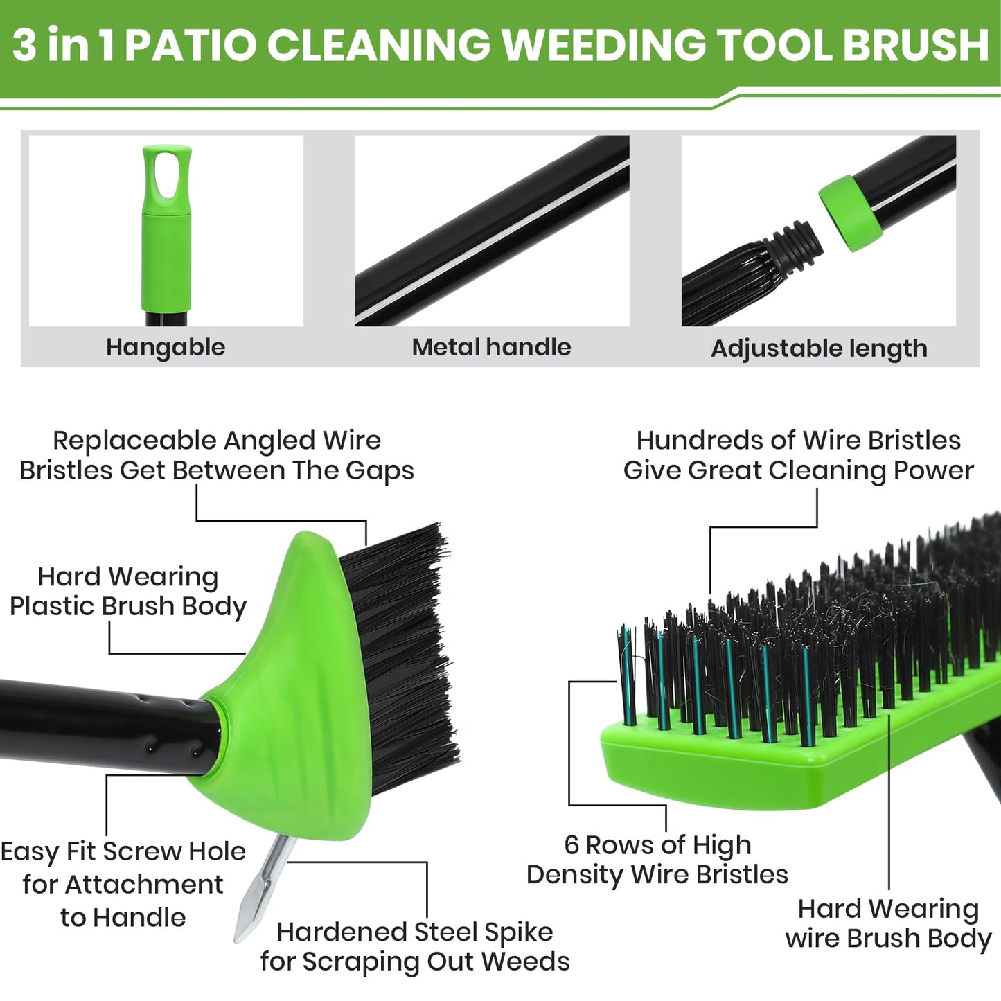 3 in 1 Weeding Wire Metal Brush Tools, Concrete Scrub Deck Brush with Long Handle for Moss, Tough Stains on Paving, Garden, Patio, Pool