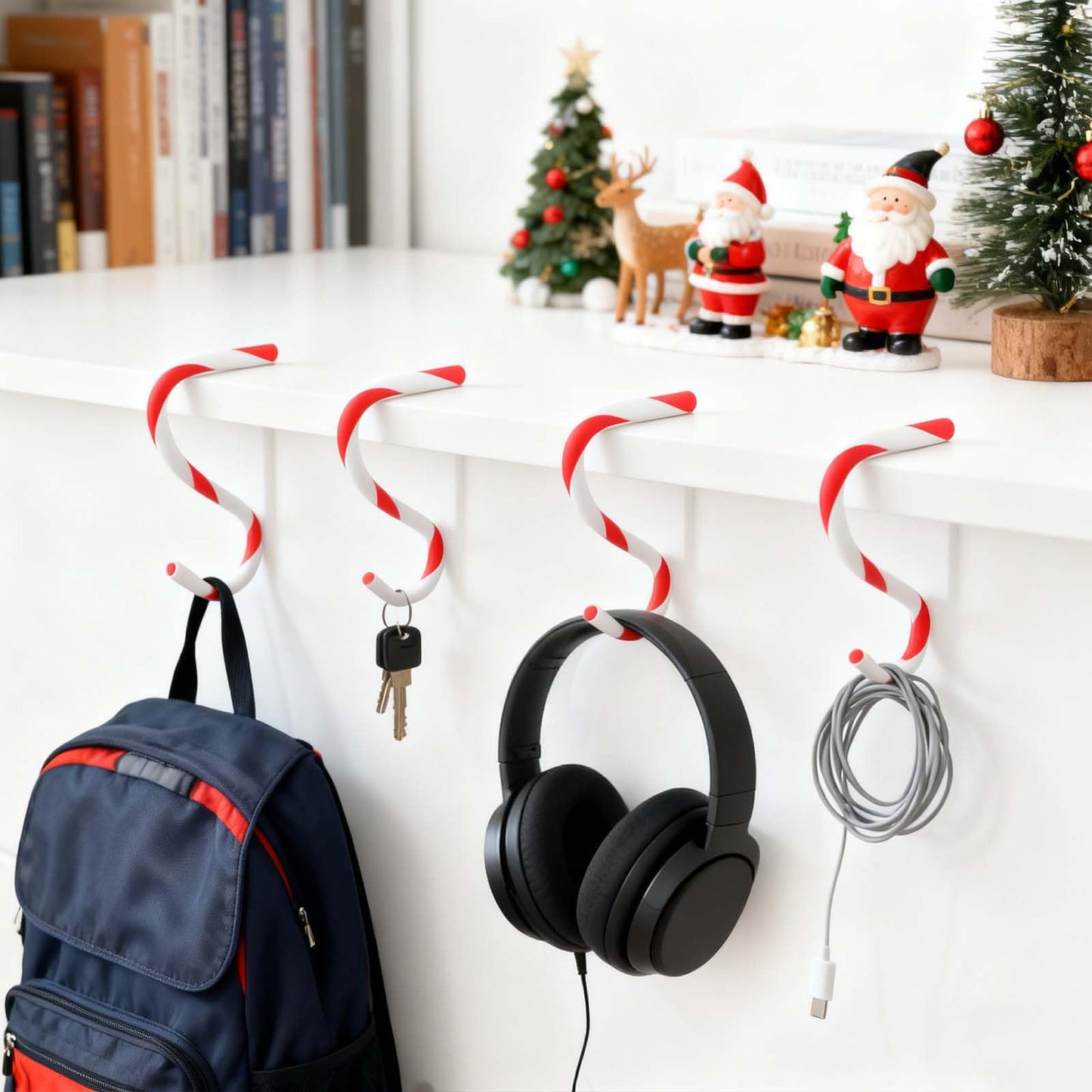 Tixiquns Bendable Stocking Holders for Mantle, Set of 4 Christmas Hooks Fireplace Stocking and Garland Hanger for Mantel, Non-Slip Adjustable Red and White Candy Cane Decor Xmas Decorations