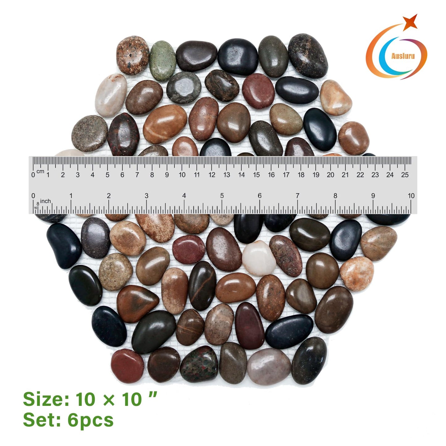 Ausluru 10in River Rock Stepping Stones Set - 6 Pack | Polished Pebble | Long-Lasting PVC Mesh Backing | Perfect for Garden Paths and Lawns Outdoor Landscaping Decoration | Rhombus and Round Set