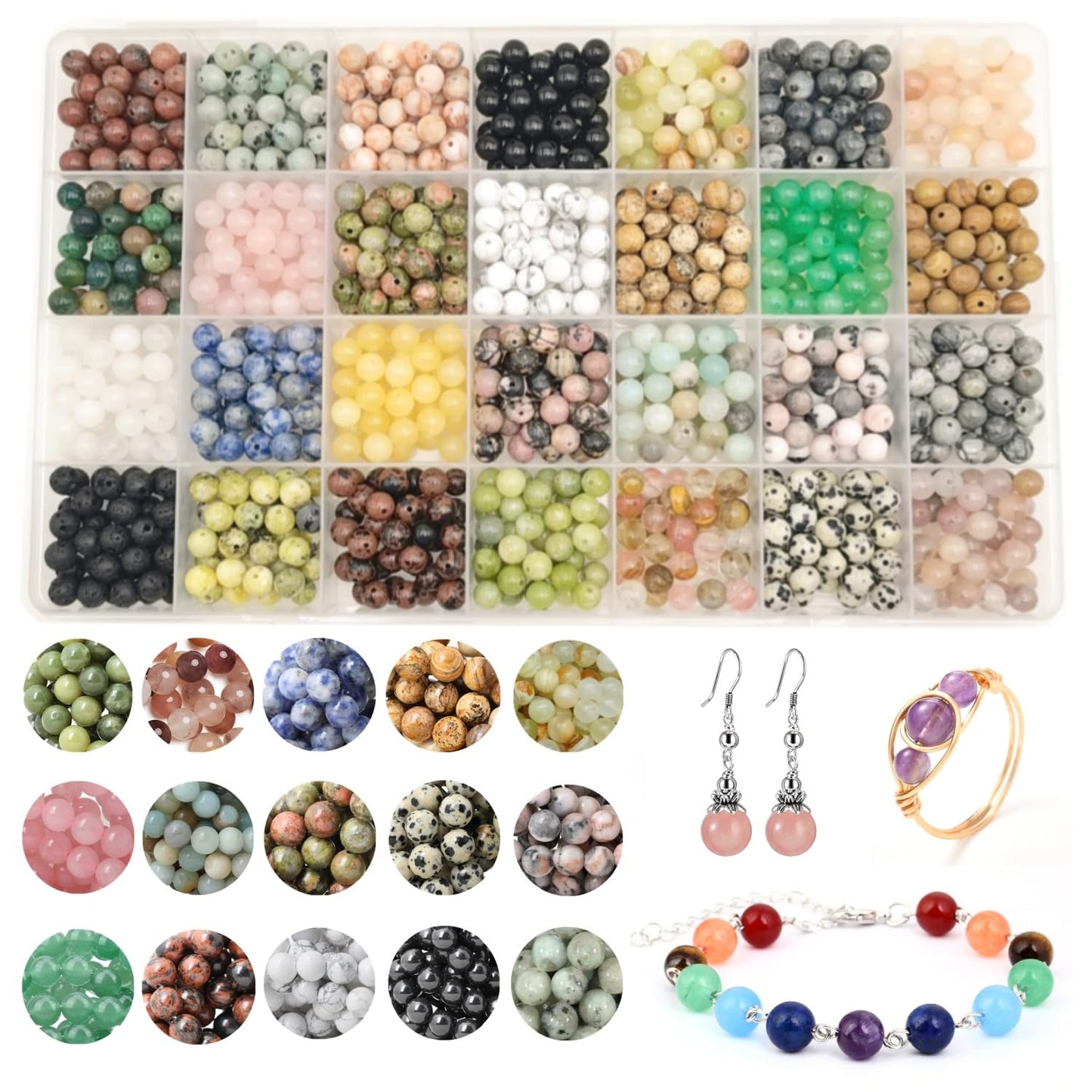 Basigeese 1120pcs Natural Stone Beads Polished Beading 6mm Loose Beads Gemstone Crystal Energy Stone Healing Power for DIY Jewelry Making (6mm 28 Materials A)