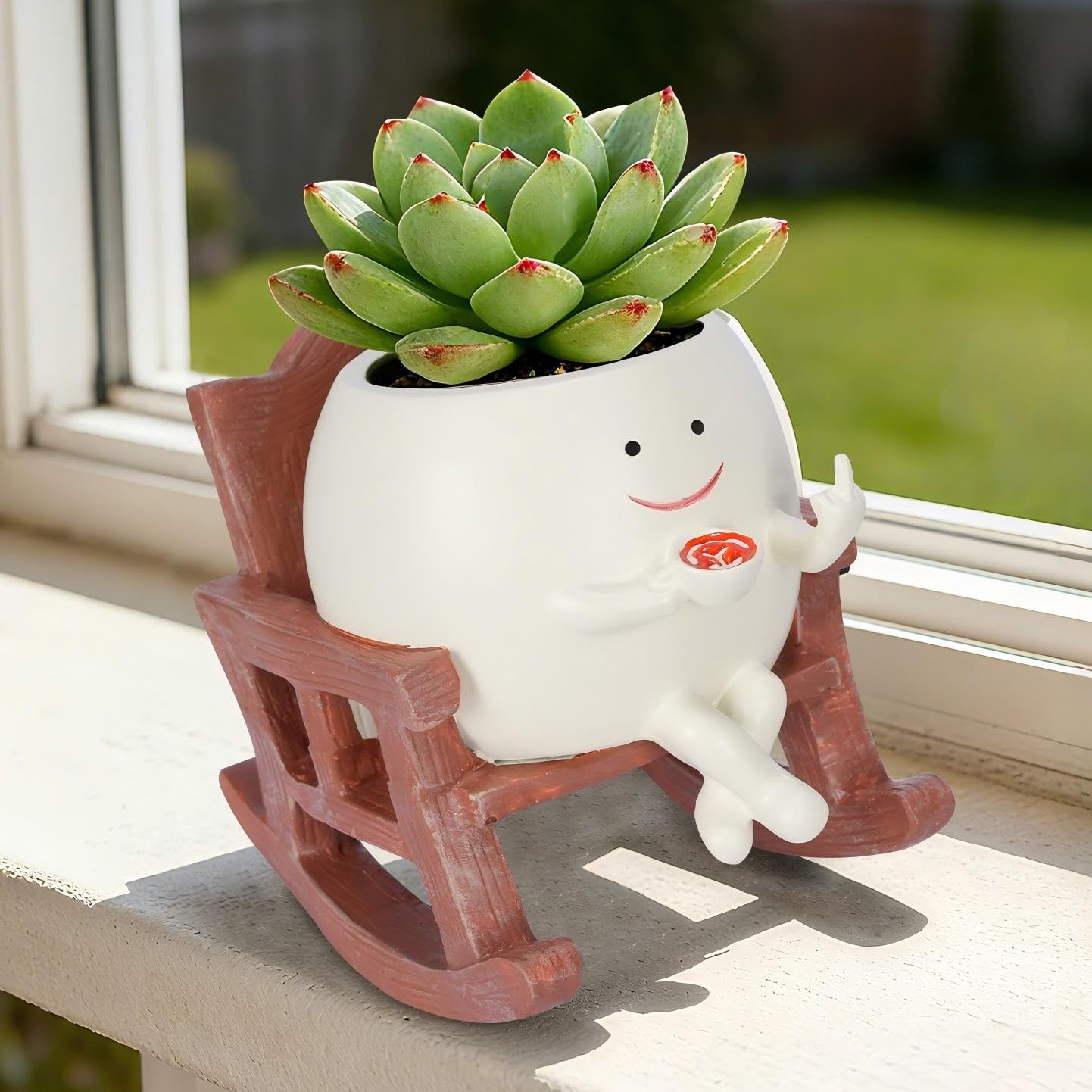 Heakrit Smiley Face Plant Pots, Cute Resin planters for Indoor Outdoor, Unique Rocking Chair Succulent Pots with Drainage Hole, Gift IdeaI for Family and Friends, Brown