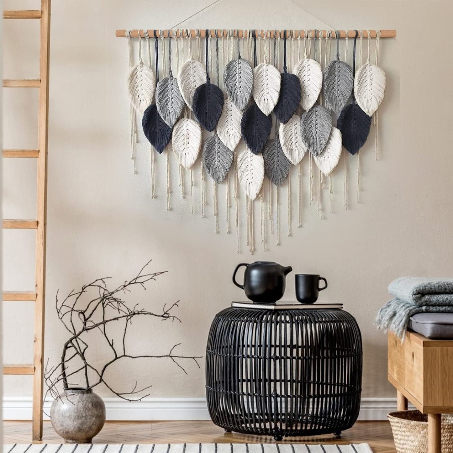 Weldomcor Macrame Wall Hanging Leaf Woven Tapestry Bohemian Chic Wall Hanging Feather Large Handmade Wall Art Decor for Bedroom Living Room Apartment Ornament, 39 inch