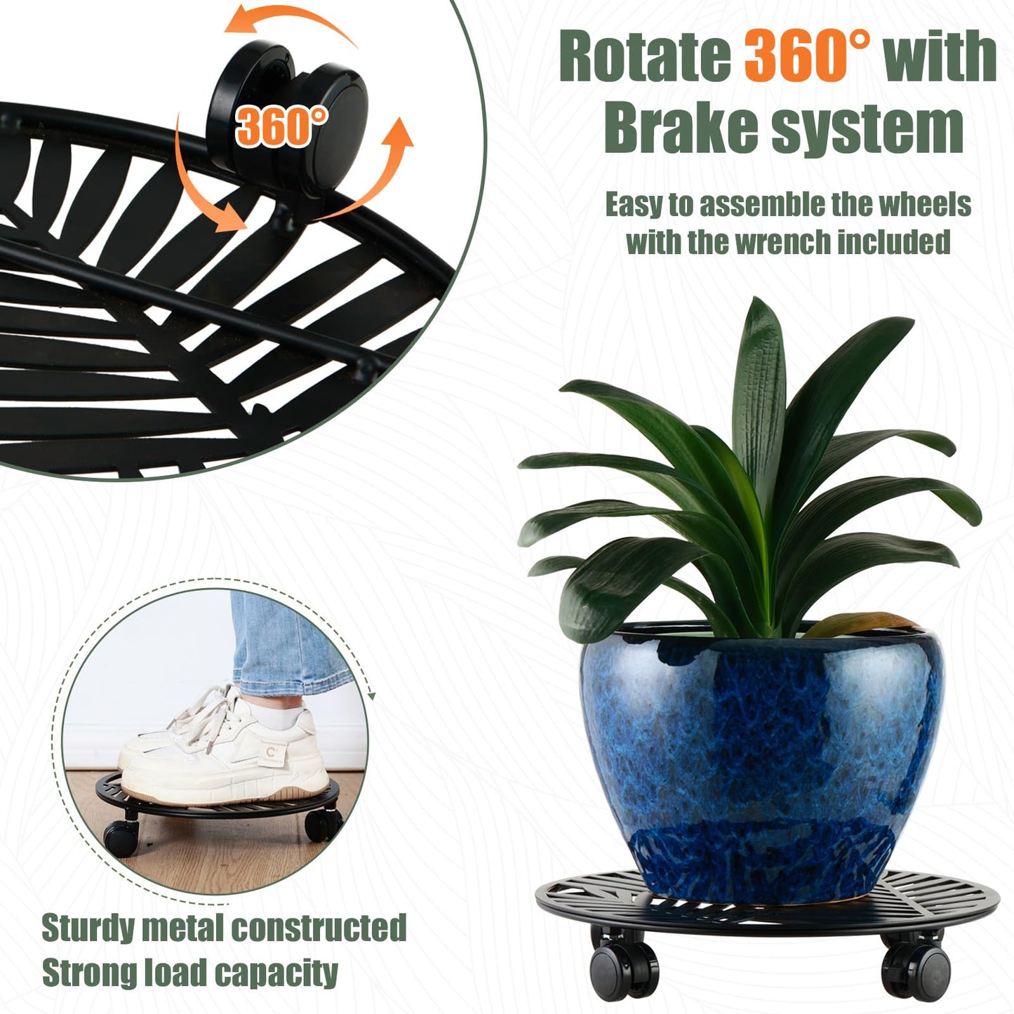 3 Packs Large Metal Plant Caddy with Wheels 13" Rolling Plant Stands Heavy-duty Wrought Iron Roller Planter Movers Indoor Outdoor Wheeled Plant Dolly with Casters Tray Coaster, Slender leaves