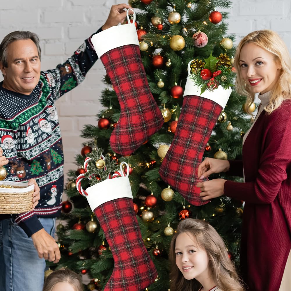 aokansha 4 Pack Buffalo Plaid Christmas Stockings 20'' Large Xmas Stocking with Plush Cuff Hanging Stocking Decoration for Holiday Home Wall Fireplace Christmas Tree Decor Kids Gift Ornaments Décor
