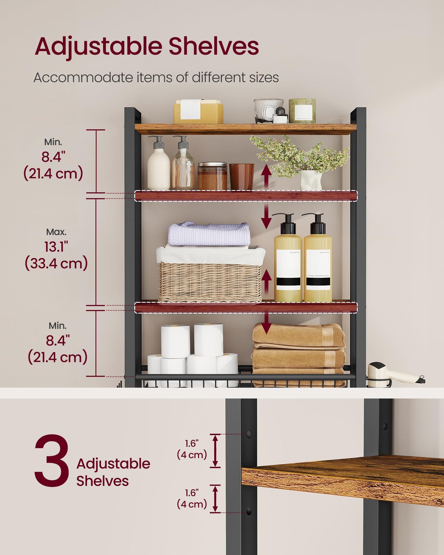 VASAGLE Over the Toilet Storage, Over Toilet Bathroom Organizer with Adjustable Shelves and Basket, 3 Hooks, Space Saving, 9.4 x 23.6 x 68.1 Inches, Rustic Brown UBTS114KD01S