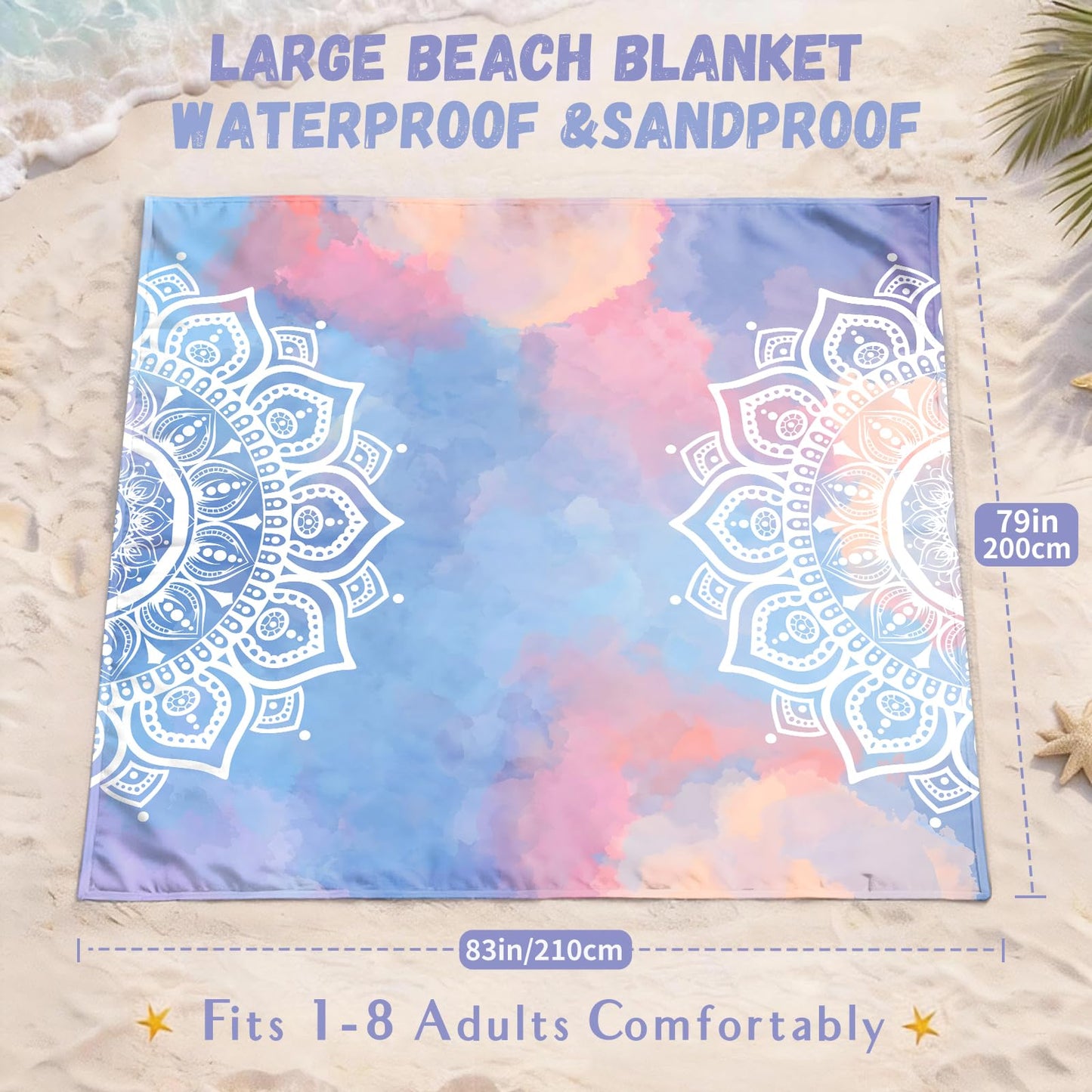 AlphaBeing Beach Blanket Waterproof Sandproof, Extra Large Beach Mat for 1–8 Adults, Oversized Picnic Blanket with 4 Stakes & Storage Bag, Essential Beach Gear for Travel (Mandala, 120“×108”)