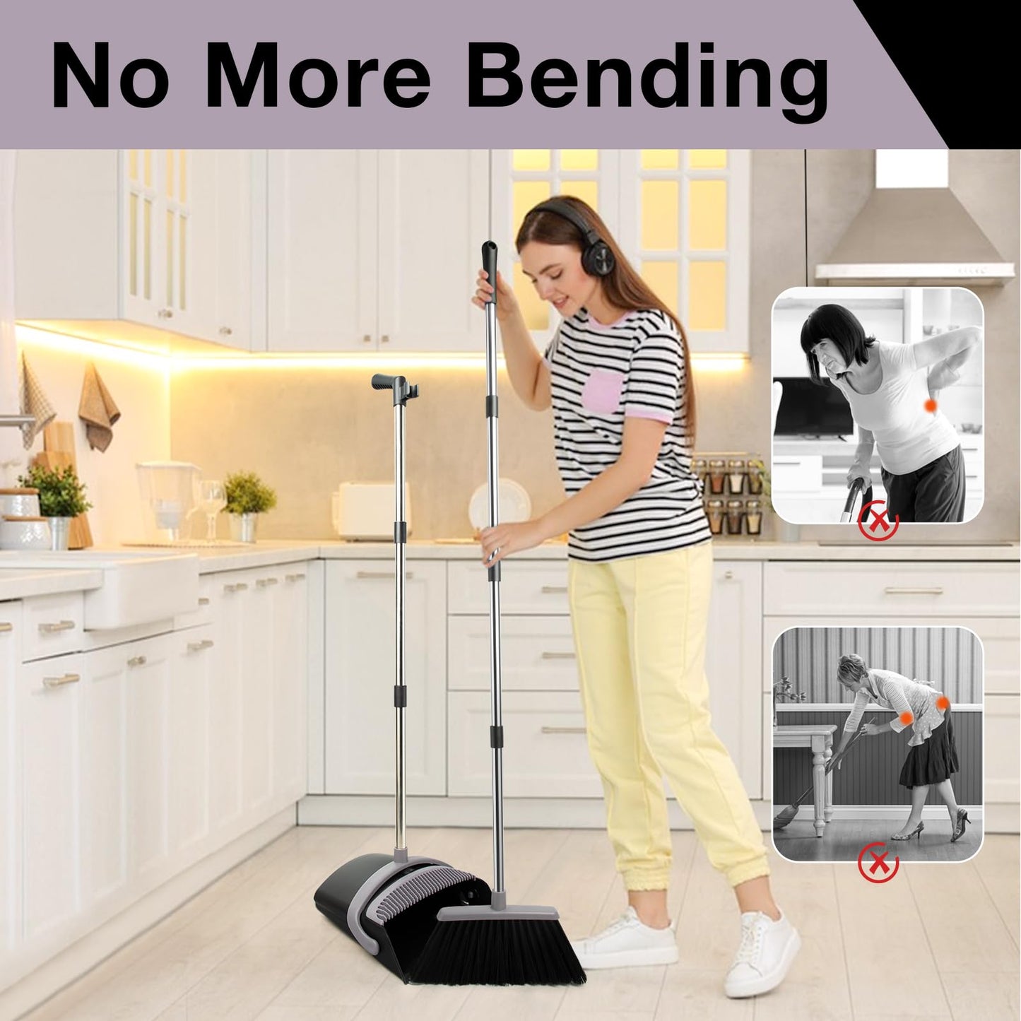 XXFLOWER Broom and Dustpan Set, Long Handle Lightweight Dustpans with Broom Combo for Home, Indoor&Outdoor Sweeping for Home Room Kitchen Office Lobby (Charcoal)