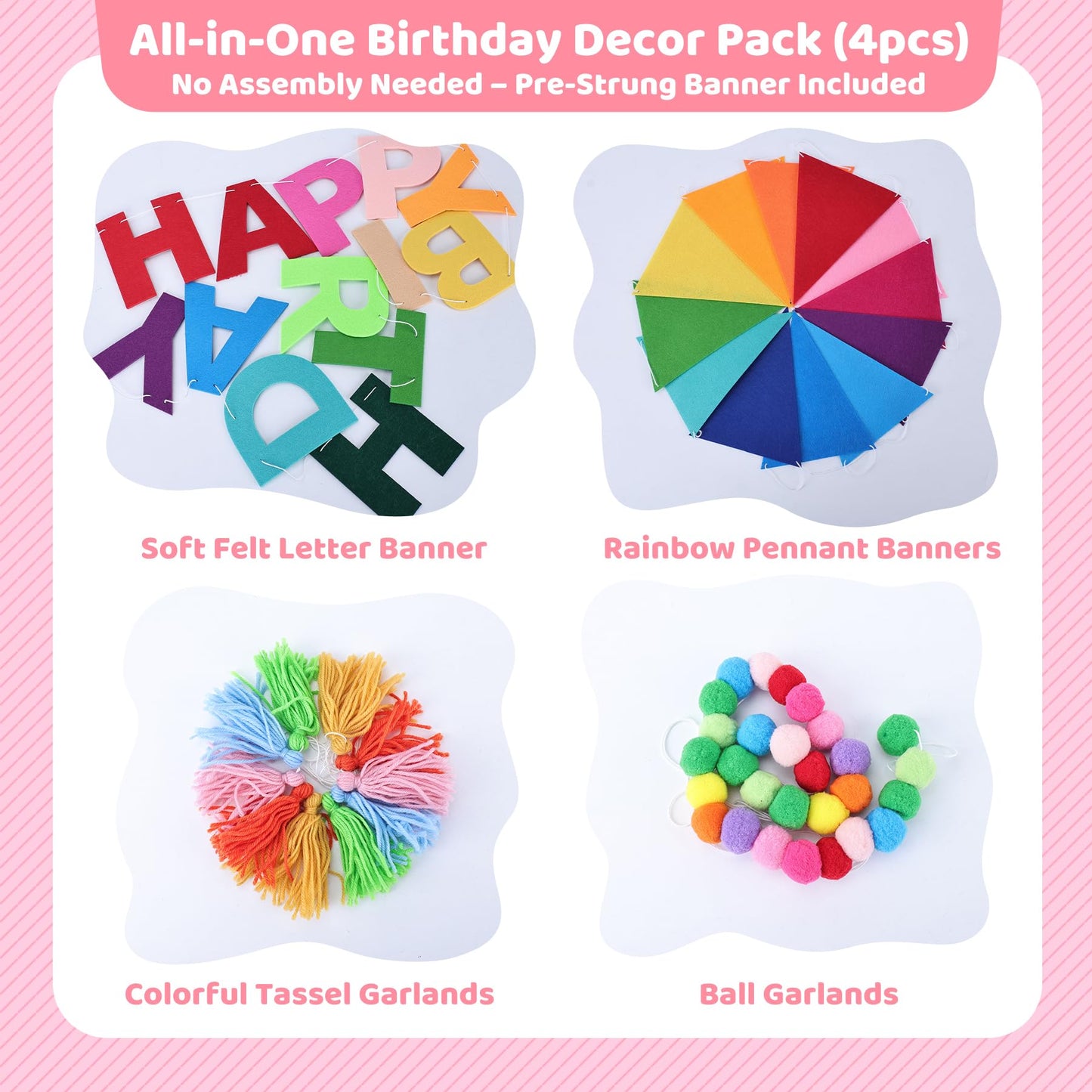 4Pcs Felt Pre-Strung Happy Birthday Banner, Handmade Wool Felt Ball Garland, Triangle Flags, Decorations for Kids Adults Party Supplies, Rainbow Party Decorations Fireplace Mantel Wall Window