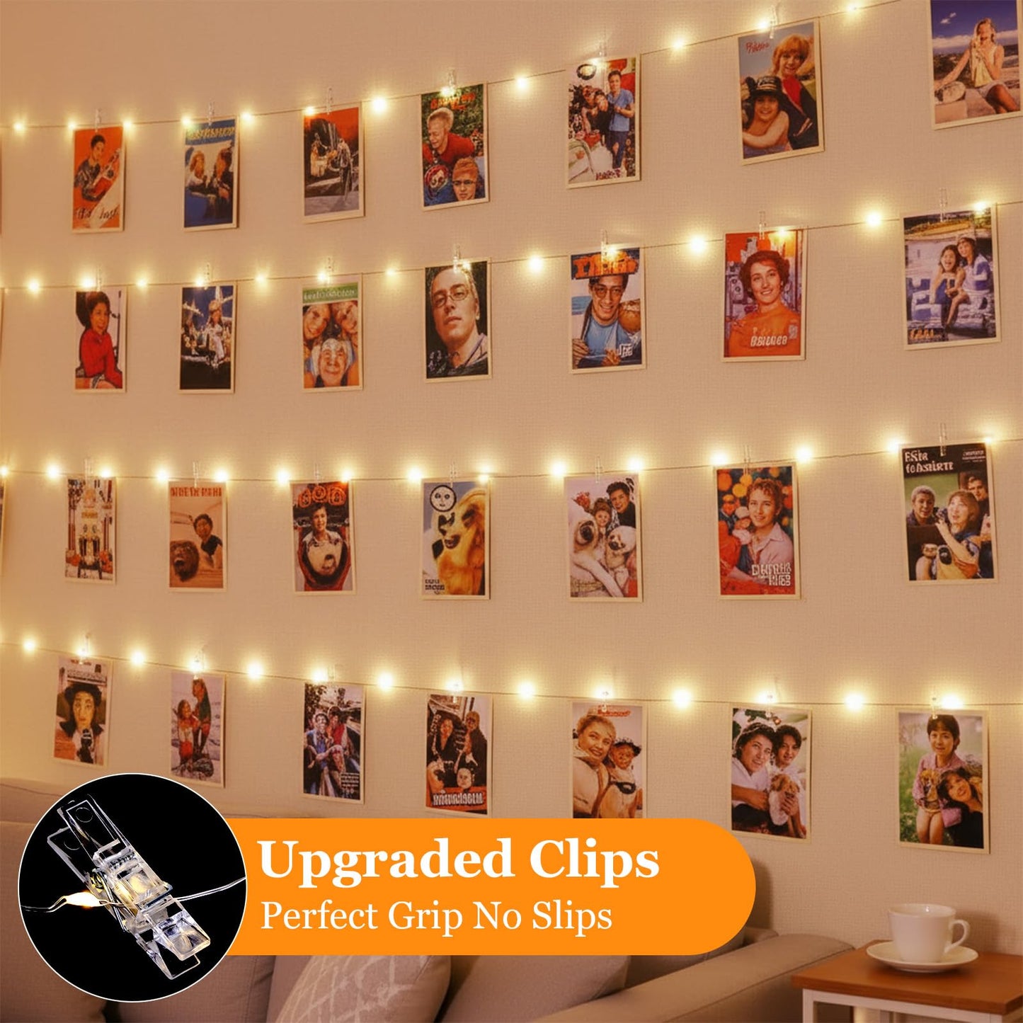 Lakumu Rechargeable Photo Clips String Lights with 8 Modes, 50 Clips 20 Hooks, 17ft 50 LED Fairy Lights with Timer for Wall, Girls Room Decor, Bedroom, Christmas, Party, Wedding