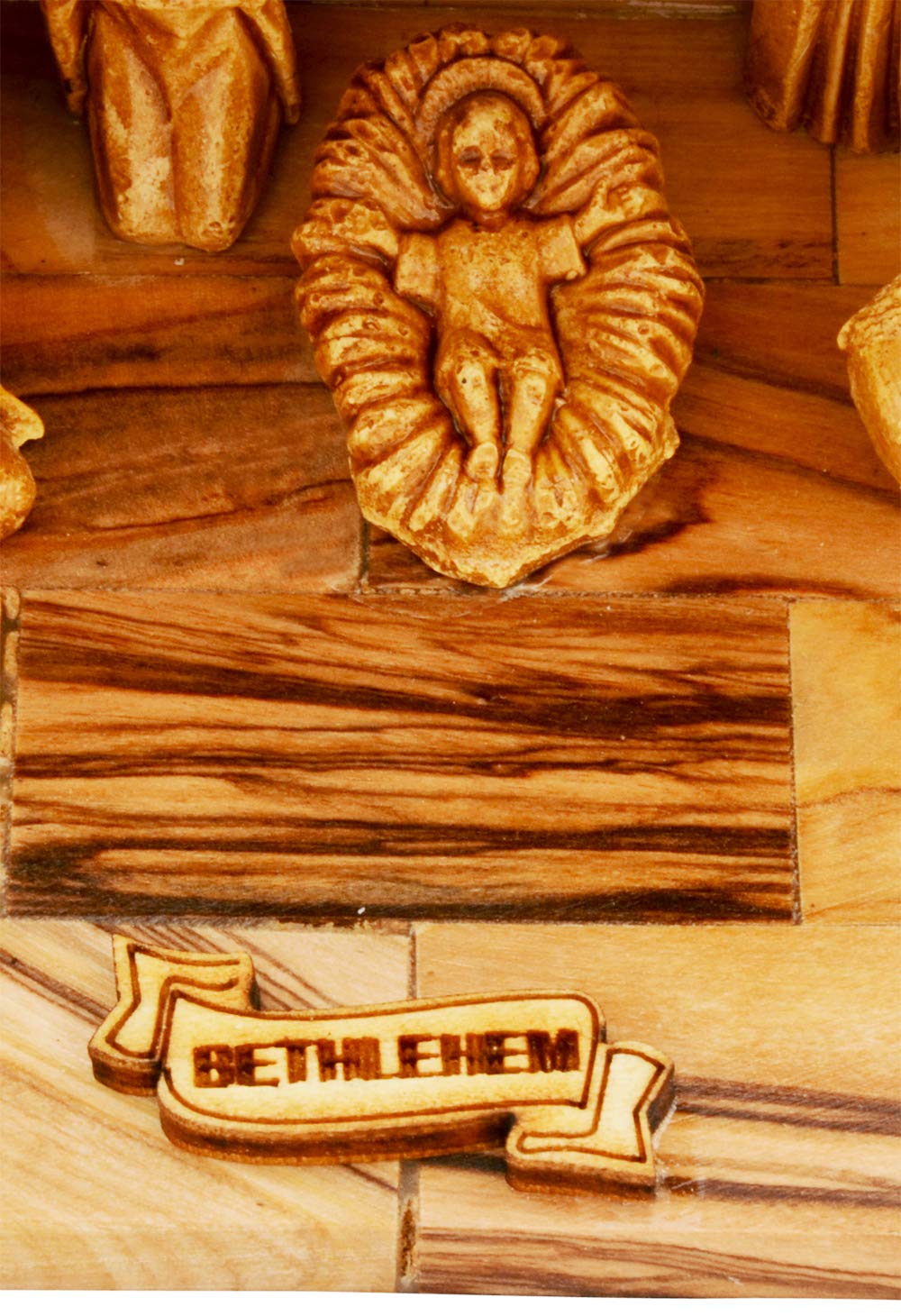 Olive Wood Nativity Set with Figurines – Natural Bark Roof Stable – Handmade Christian Christmas Decoration – Holy Land Gift – Made in Bethlehem – Religious Manger Scene Display