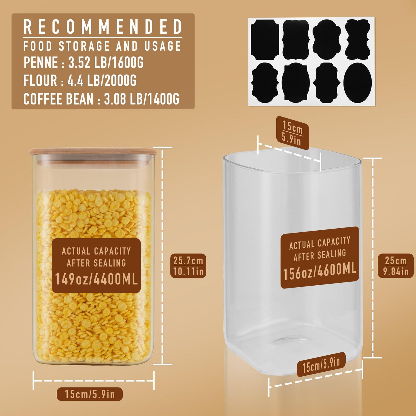 D2scrma 156oz Airtight Glass Square Storage Canister with Bamboo Lid Set of 2(4600ml*2) Large Gallon Glass Jars for Sugar, Flour, Cookies and Coffee beans (‎with Black Lable)