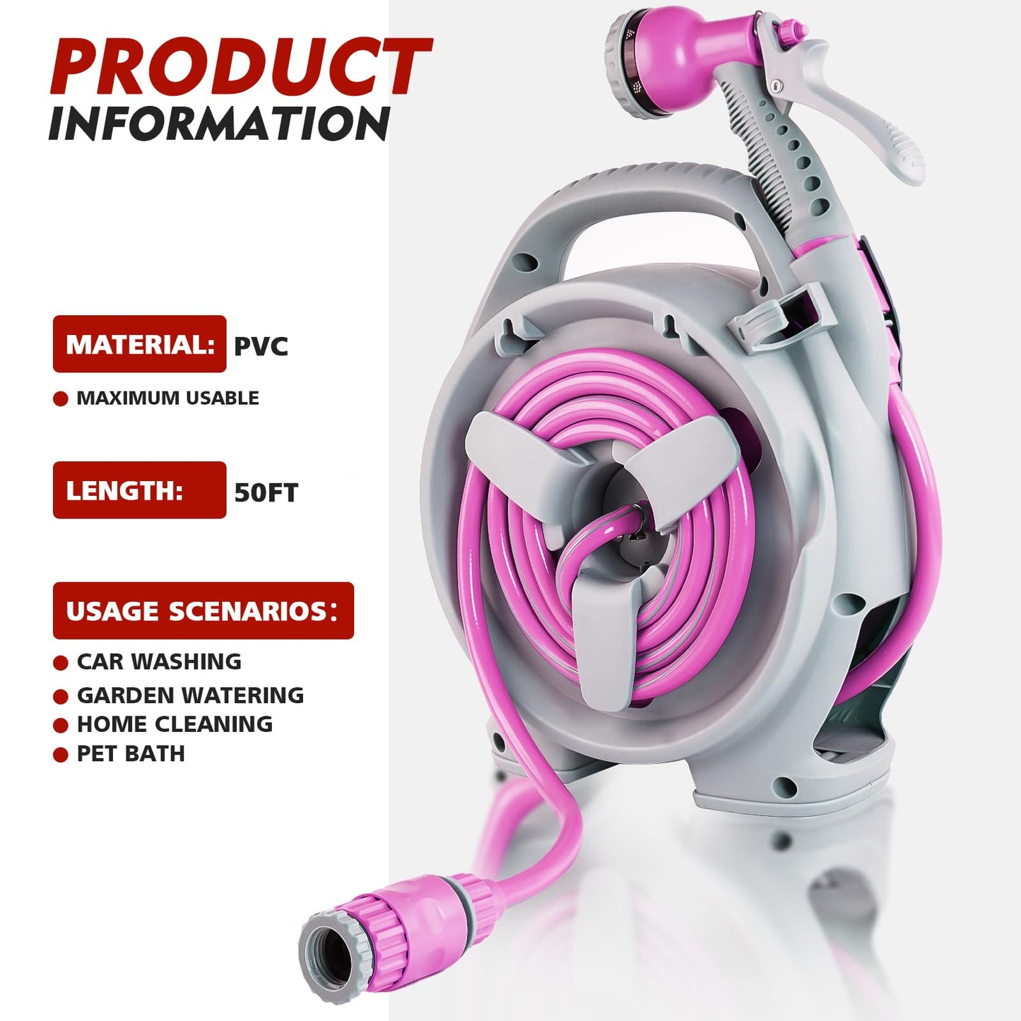 Portable Hose Reel, 50FT Garden Hose Reel for Outside, Lightweight Hose Reel with 6 Patterns Spray Nozzle, Suitable for US Standard Hose Connection（PINK）