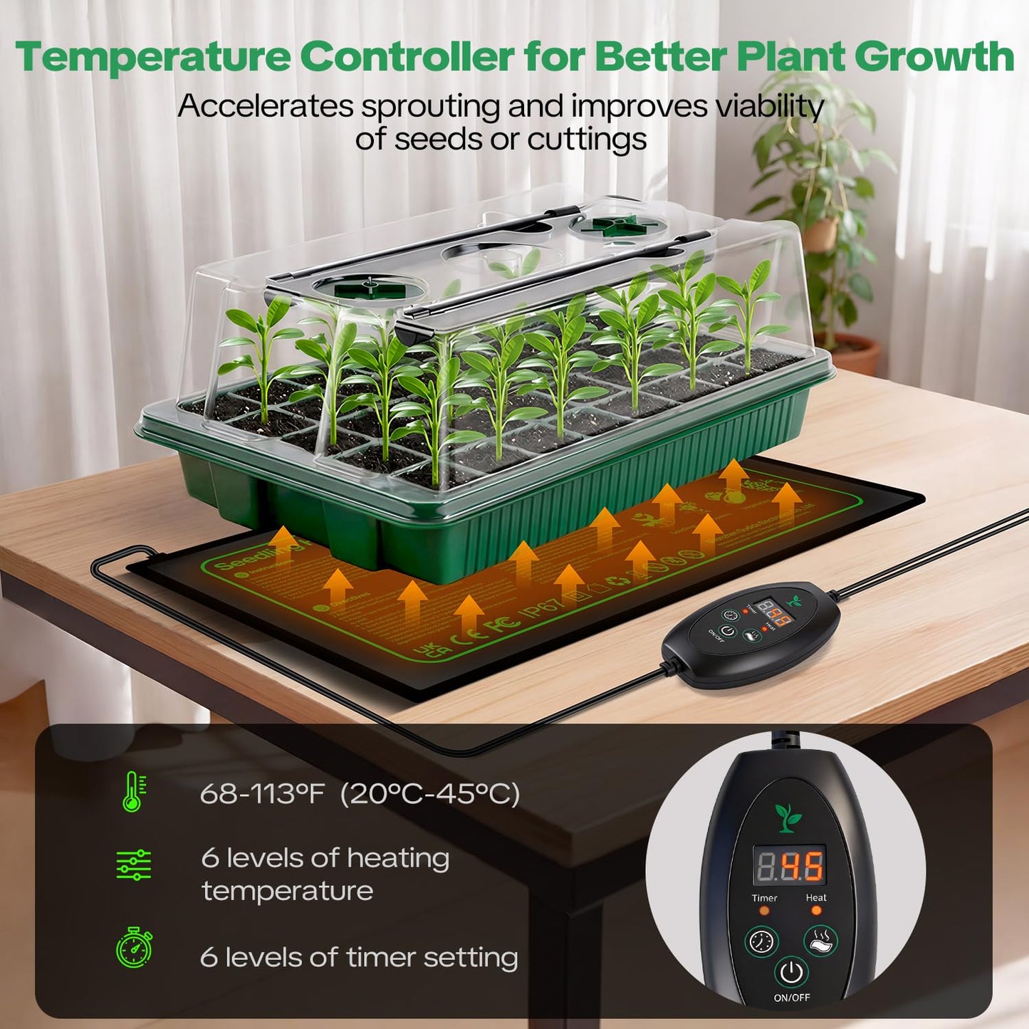 Qmioti Seed Starter Tray with Grow Light & Heating Mat, Digital Temperature Control, 40-Cell Seed Starter Kit with Humidity Dome, Reusable Seed Starter for Indoor Planting Seeds