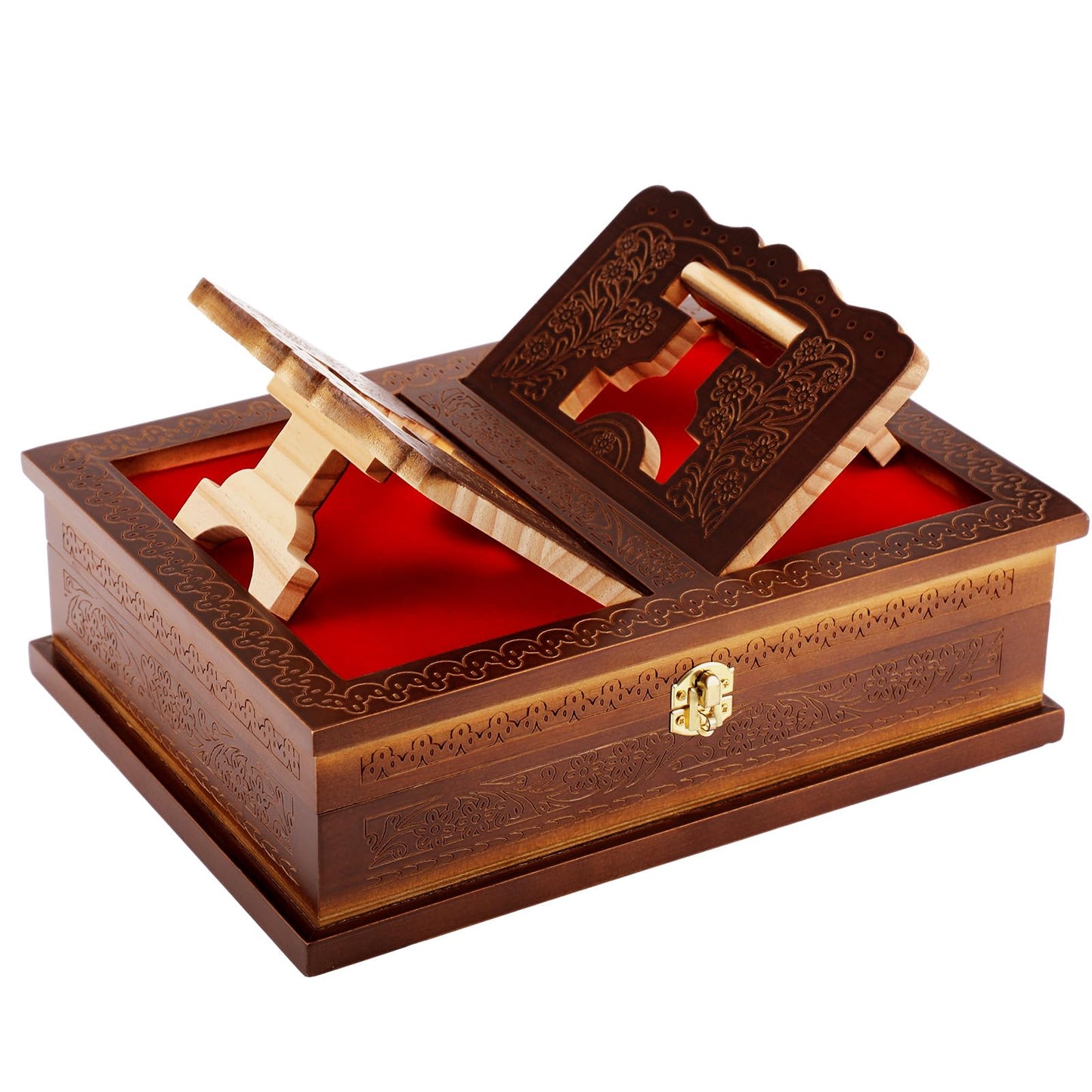 Yalikop Wooden Rehal Box Beautifully Holy Book Stand Box Quran Bible Holder Foldable Ramayan Stand Religious Rehal Display Decor for Geeta GURU Granth Sahib Prayer Holy First Communion