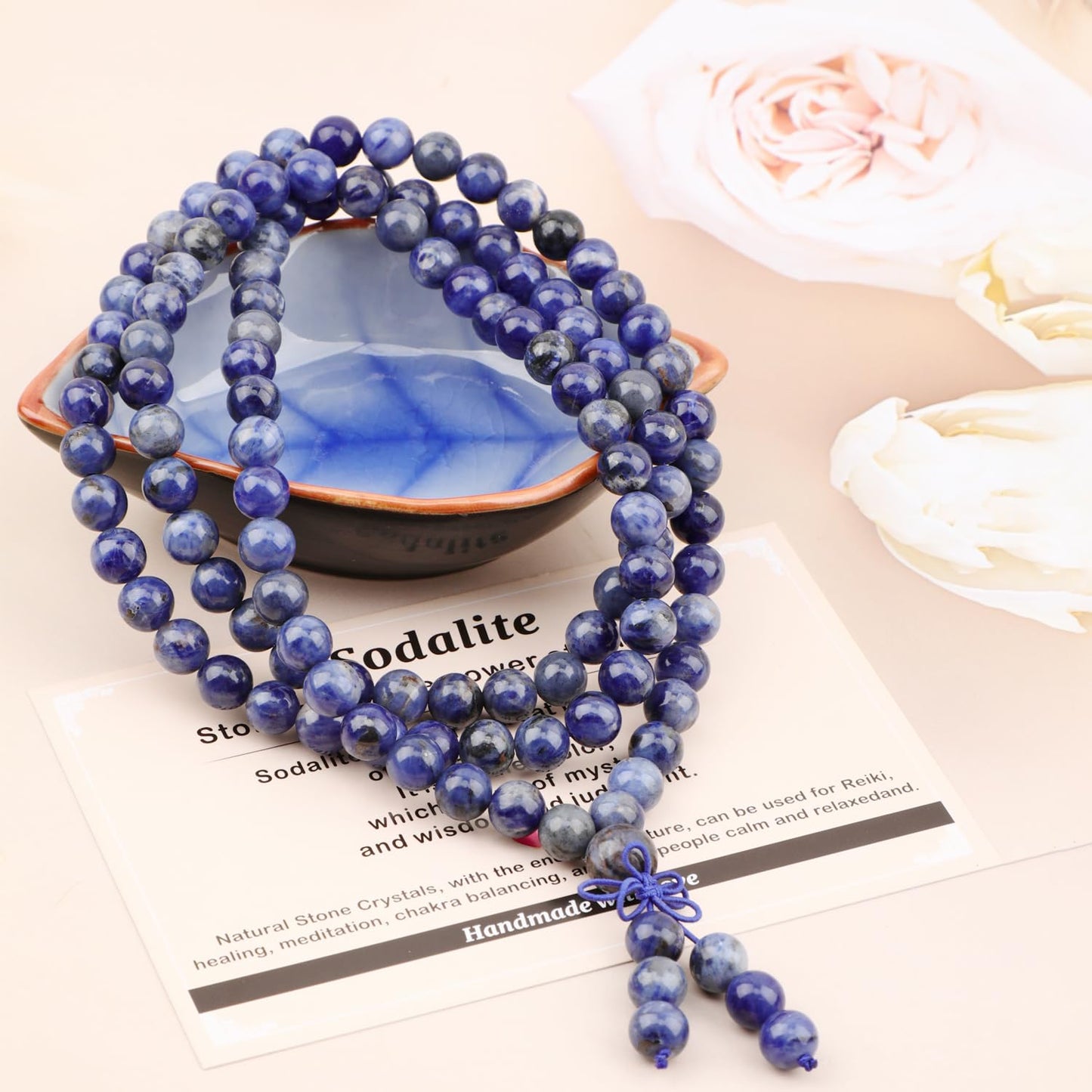 AD Beads 8mm 108 Prayer Mala Sodalite Elastic Bracelet - Stone fulfill the power of Wisdom - Handmade Yoga Meditation Healing Power Energy Gifts for Unisex Adult.