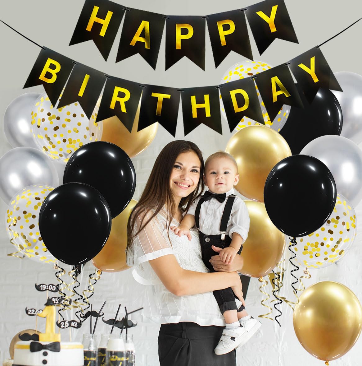Happy Birthday Banner, Black Gold Birthday Decoration, 16 Pcs 12in Balloons with 2 Ribbons for Men Women Girls and Boys Party Decoration