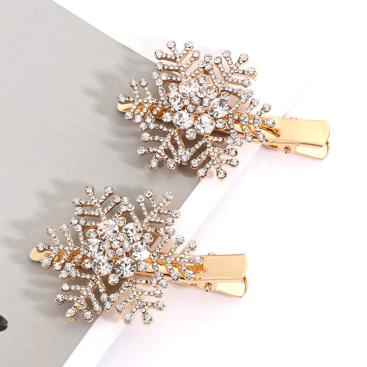 Vogueknock Snowflake Hair Clips Christmas Holiday Big Sparkle Rhinestone Snowflake Hairpin Barrette Winter Wedding Bridal Hairstyle Salon Accessories (Gold)