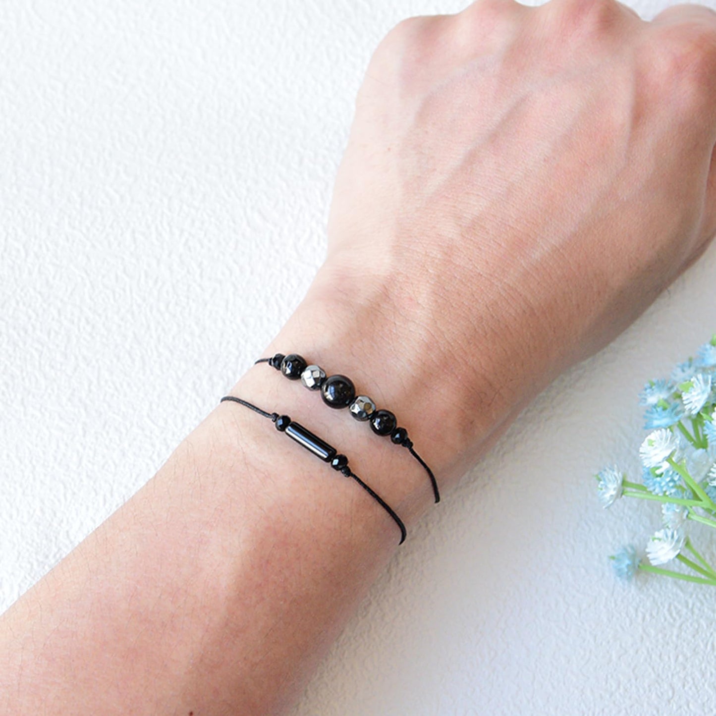 THSOGO 2Pcs Triple Protection Bracelets Black Tourmaline and Obsidian Bracelets Natural Stone Jewelry for Women Men Gifts for Him Her