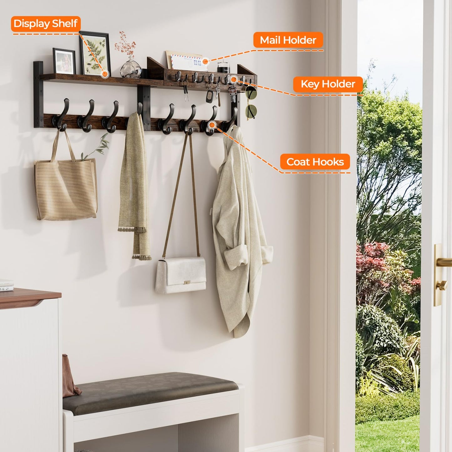 Evermagin 35" Coat Rack Wall Mount with Shelf, 4 in 1 Coat and Key Hanger with 13 Metal Hooks, Entryway Wall Mounted Shelf with Mail Holder for Living Room, Bedroom, Rustic Brown