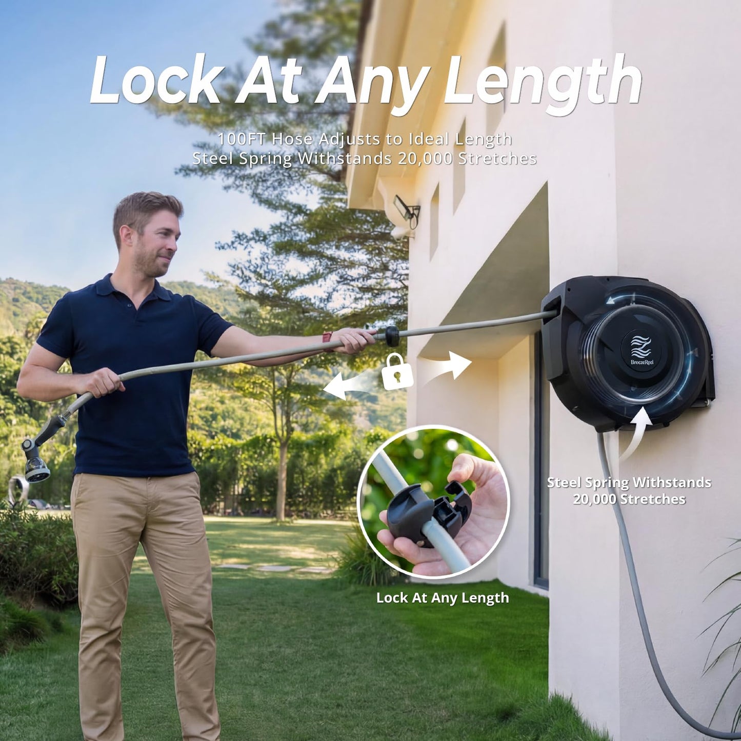 BREEZEREEL Retractable Garden Hose Reel 5/8"x100ft, 3-Ply Reinforced, High-Flow, Any Length Lock, 180° Swivel Bracket, Heavy-Duty Aluminum Mount, Slow Retract, Auto-Layer, 10 Spray Nozzle