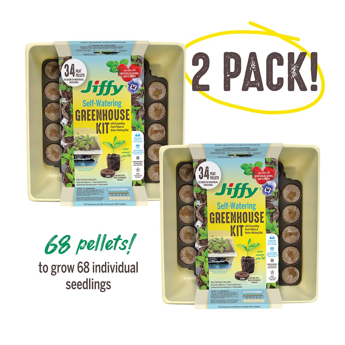 Jiffy Seed Starter Tray Kit - Self-Watering, High Germination Rate, Seedling Tray - 2 Pack, Peat/Plastic