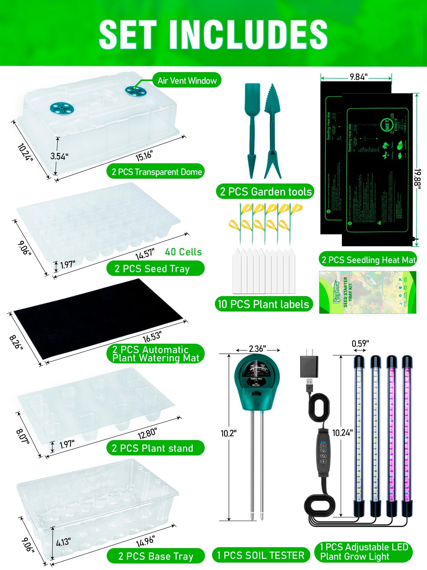Hugbow Self-Watering Seed Starter Tray with Grow Light and Heat Mat, 80-Cell Plant Starter Trays Seed Starter Kit, Seed Starter Tray for Seed Starting, Plant Germination & Seedling Growing, 2 Pack