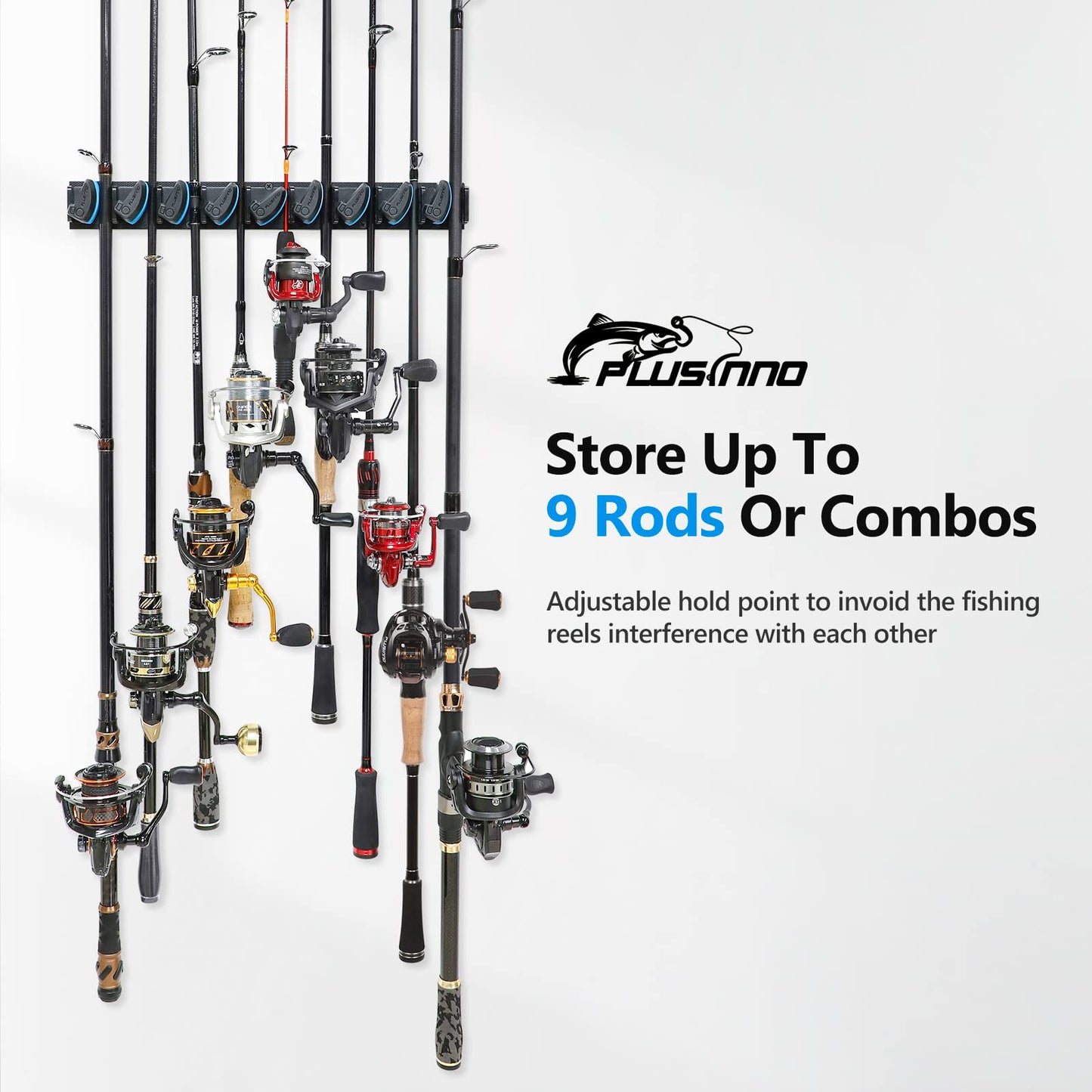 PLUSINNO Vertical Fishing Rod Holder, Wall Mounted Fishing Rod Rack, Fishing Pole Holder Holds Up to 9 Rods or Combos, Fishing Rod Holders for Garage, Fishing Gear and Gifts for Men
