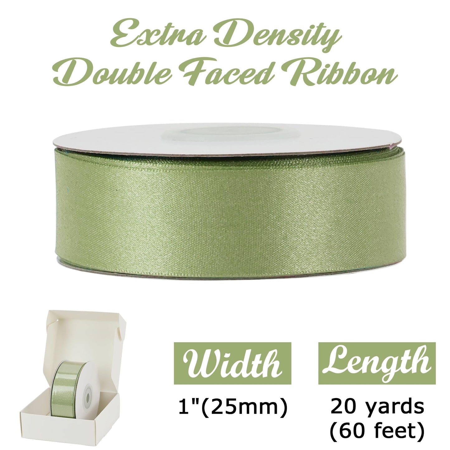 HUIHUANG Moss Green Satin Ribbon - 1 inch Luxury Shimmer, Extra Density, Dusty Sage for Gift Wrapping, Crafts, Bows, Flower Bouquets, Holiday Decor, Bridal Showers - 20 Yards