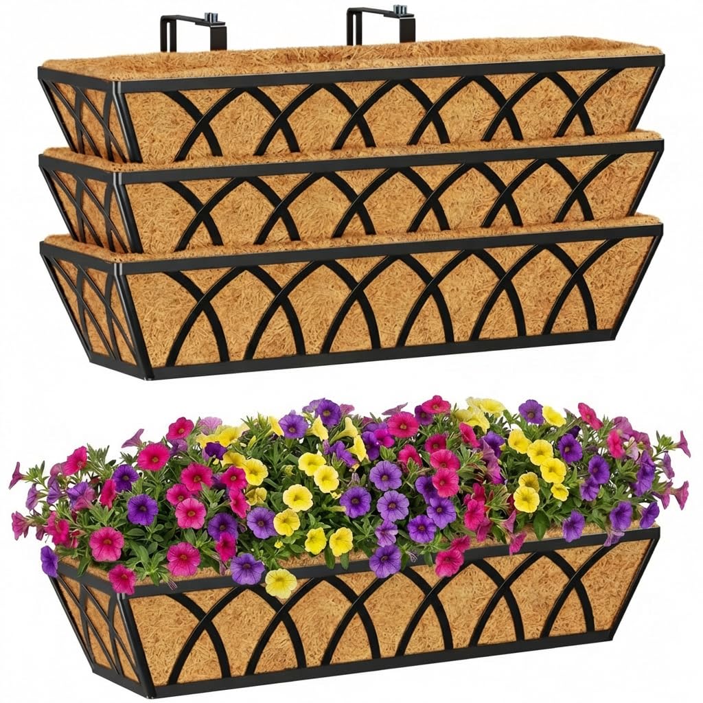 Y&M 4pcs 24 Inch Planter, Metal Window Boxes with Coco Liner, Indoor Outdoor Hanging Flower Planter for Garden, Lawn, Balcony, Porch, Fence, Patio Rail