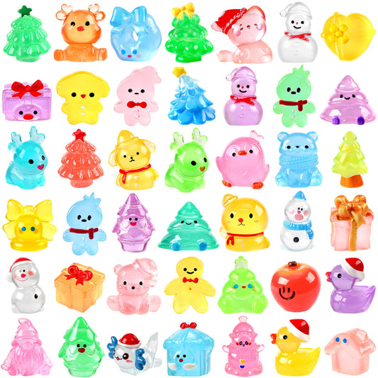 56Pcs Christmas Luminous Mini Figurines 56 Styles Glow in the Dark Tiny Resin Miniatures to Hide Bulk Santa Snowman Bell Snowflake Figurines for Xmas Bag Fillers Party Favors Garden Dollhouse Decor