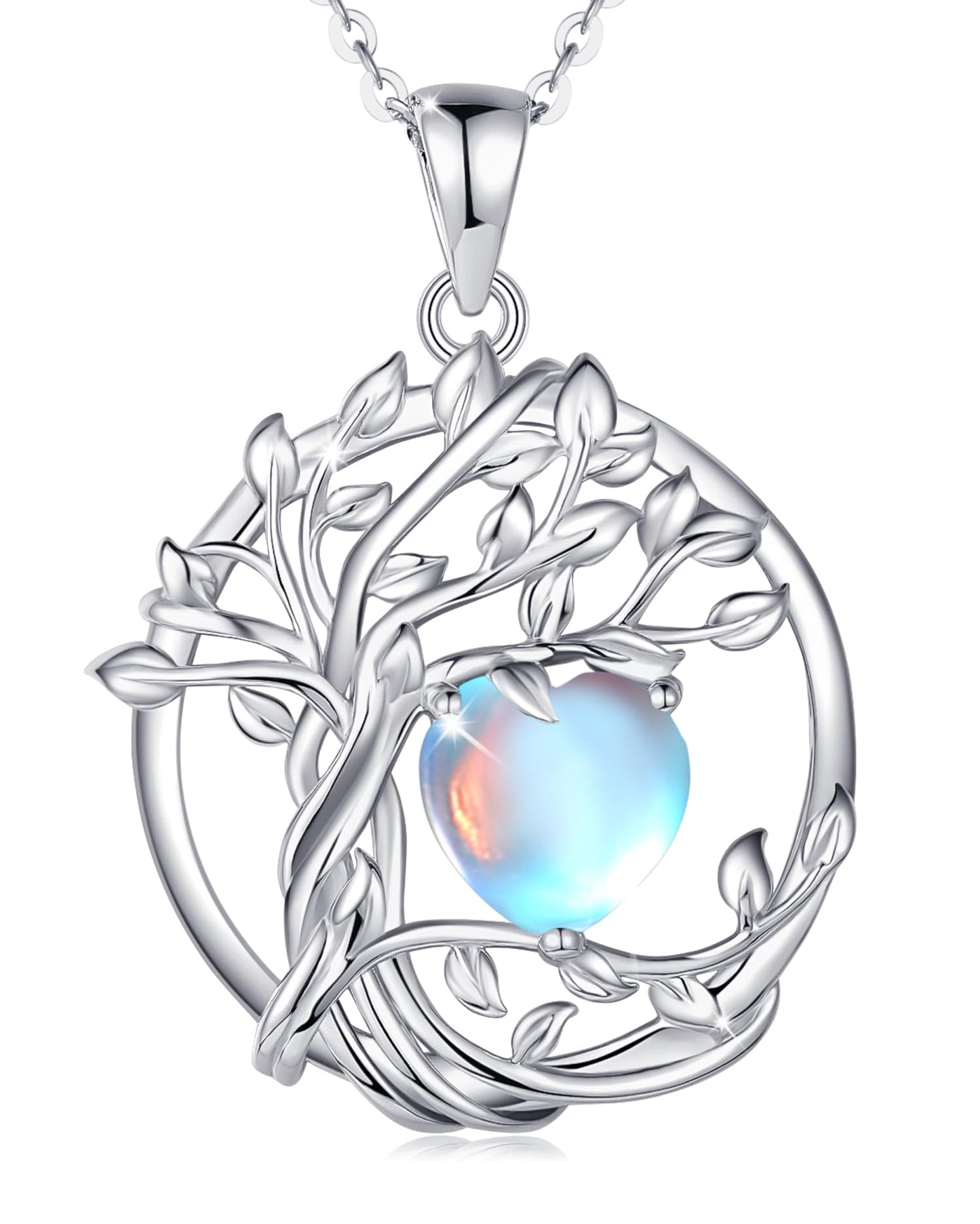 FANCIME Tree of life June Birthstone necklace for women Sterling Silver Tree Jewelry Moonstone Pendant Rainbow Gemstone Anniversary Birthday Christmas Gifts for Wife Mom Her