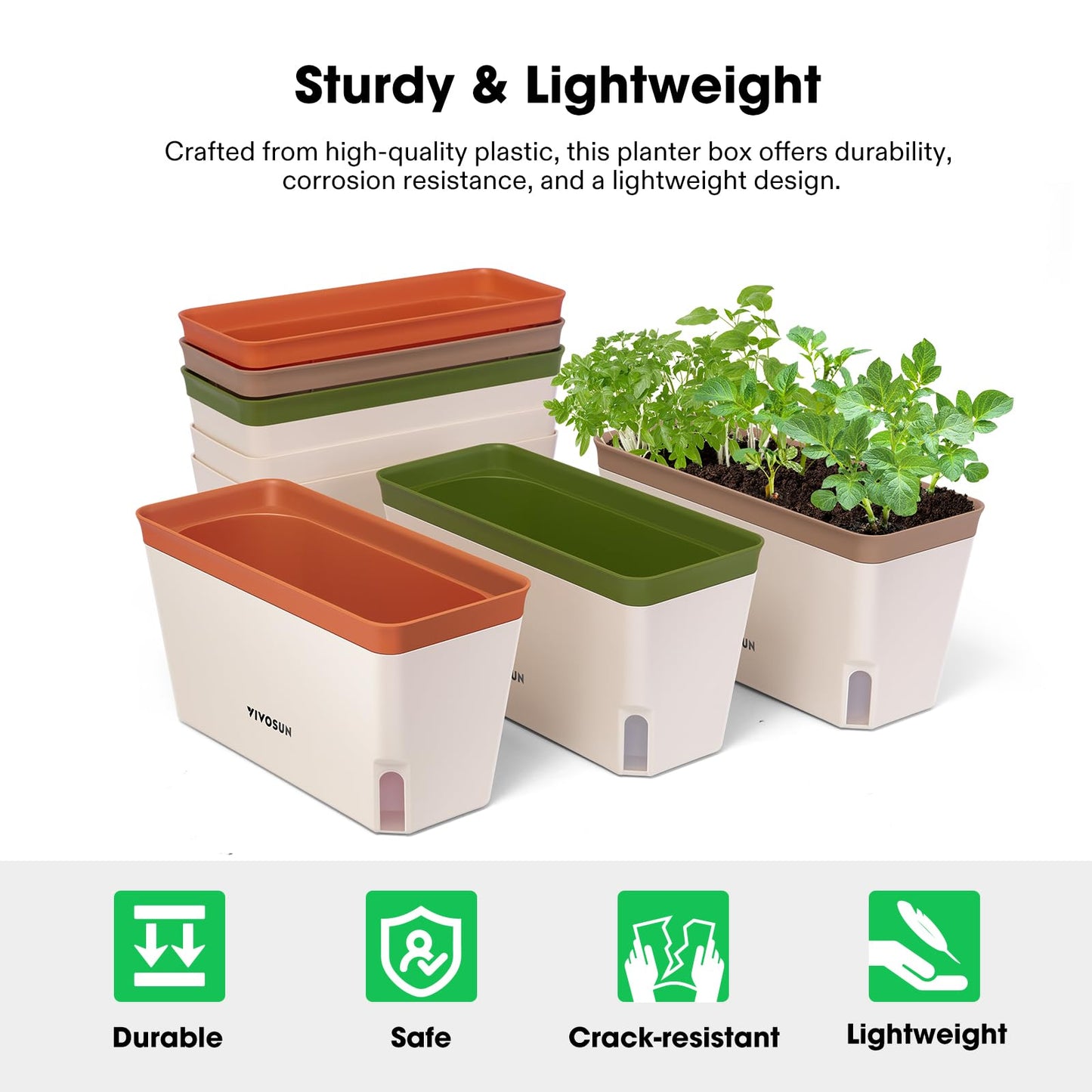VIVOSUN Self-Watering Planters, 6-Pack 10.5 Inch Compact Rectangular Window Herb Planter Box with 10 PCS Plant Labels, Plant Container for Basil, Flowers, Succulents, Indoor & Outdoor
