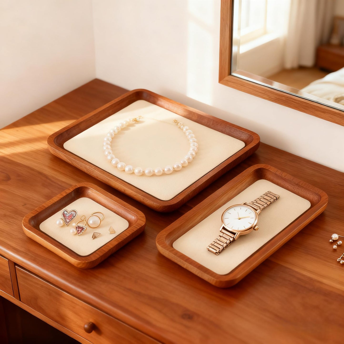YUQIN Wooden Jewelry Display Tray Rounded Rectangle Ring Showcase Stackable Elegant Bracelet Watch Jewelry Organizer for Personal Use and Commerce (Old Lace, Large-W 7'' x H 0.6'' x L 7.9'')