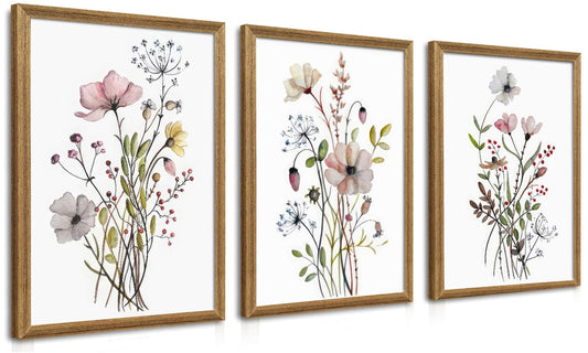 WRFON Framed Botanical Canvas Wall Art Set of 3, Watercolor Floral Prints, Framed Flower Wall Decor for Bedroom Bathroom Living Room, 12x16 Inch Each