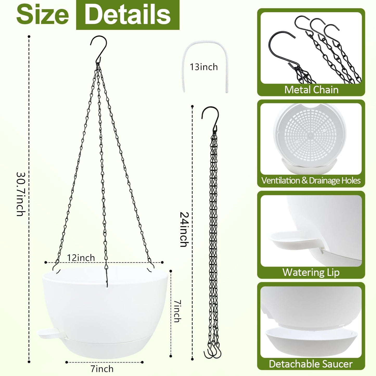 WOUSIWER Self Watering Hanging Planters, 2 Pack 12'' Plastic Pots with Drainage Holes & Reservoir Tray (White) | Indoor & Outdoor Use for Ferns, Ivy, Herbs, Succulents