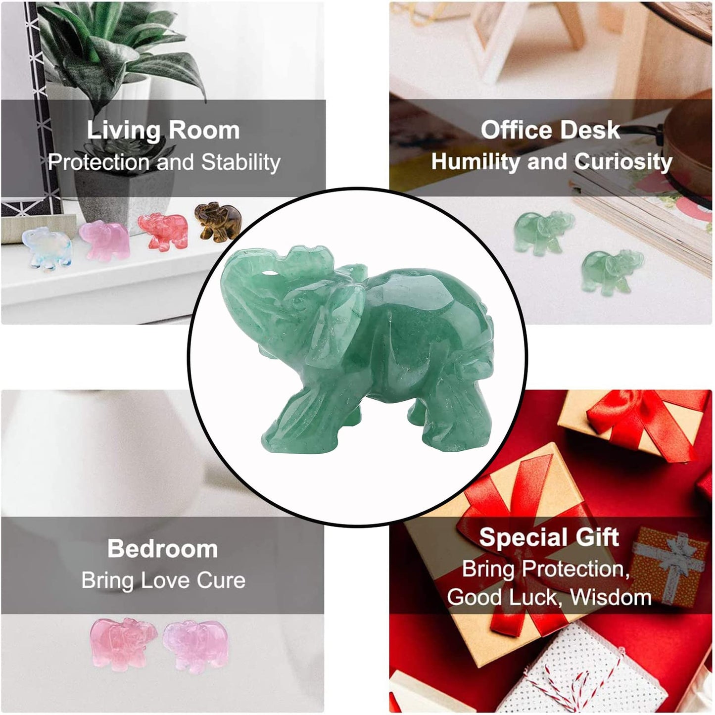 Watris Veiyi 2inch Natural Jade Elephant Figurine, Green Elephant Decoration, Carved Elephant Figurine, Elephant Crystal Wealth Lucky Figurine for Home Decor
