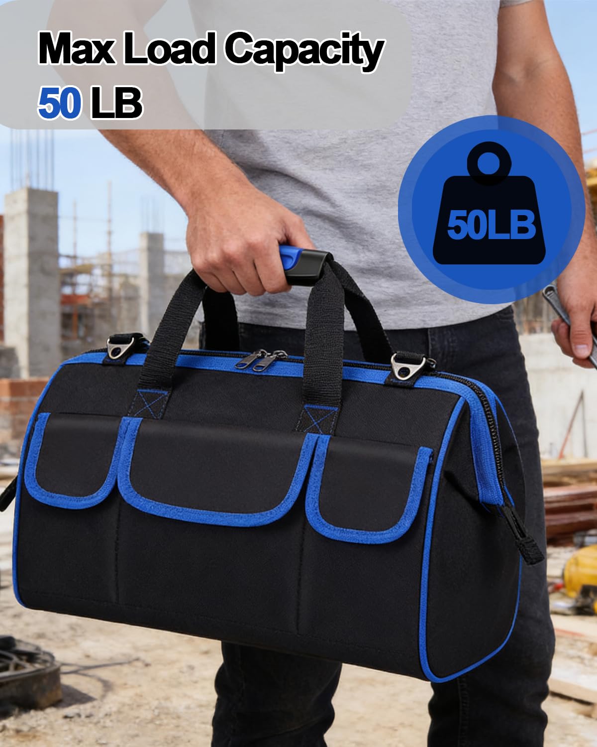 Heavy Duty Tool Bag 17-Inch,16 Pockets Portable Electrician Tool Box Organizer with Hard Bottom & Adjustable Shoulder Strap,Big Storage Toolbag,Soft Handle Carrying Toolbox for Men Husband Dad Father