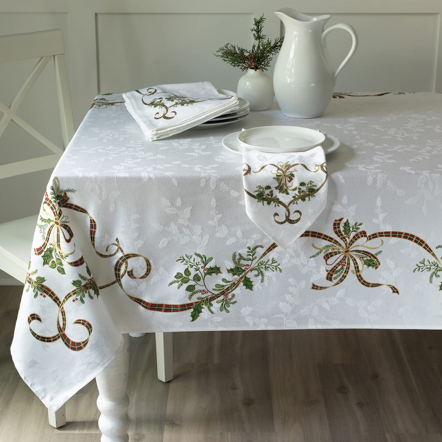 Benson Mills Heavyweight Engineered Printed Jacquard Fabric Christmas Table Cloth, for Holiday, Winter, and Christmas Tablecloth (Merry Ribbons, 60" x 104" Rectangular)