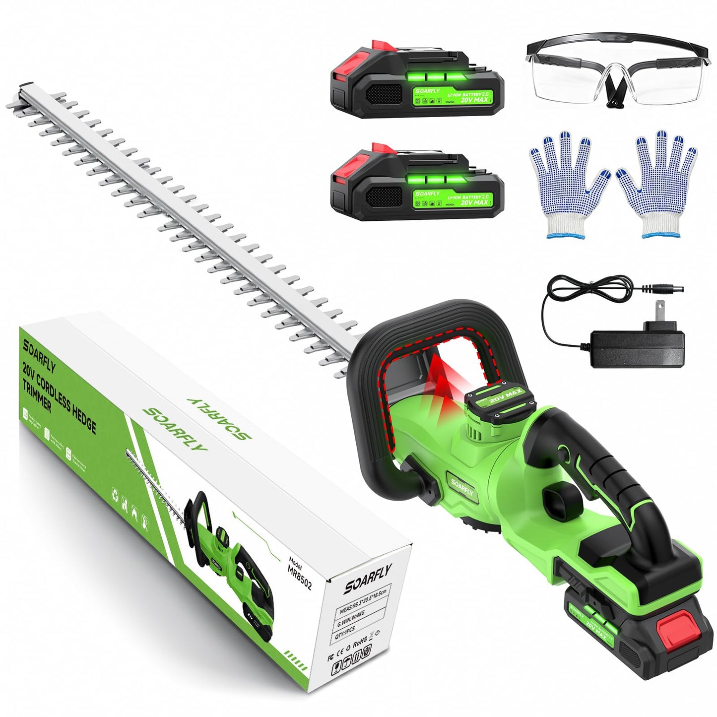 22'' Hedge Trimmer Cordless with Battery 2×2.0Ah, SOARFLY 3000RPM 180° Rotatable Handle Electric Hedge Trimmer, Dual Safety Lock 20V Powerful Bush Trimmers Tree Trimmer for Garden Lawn Yard Pruning
